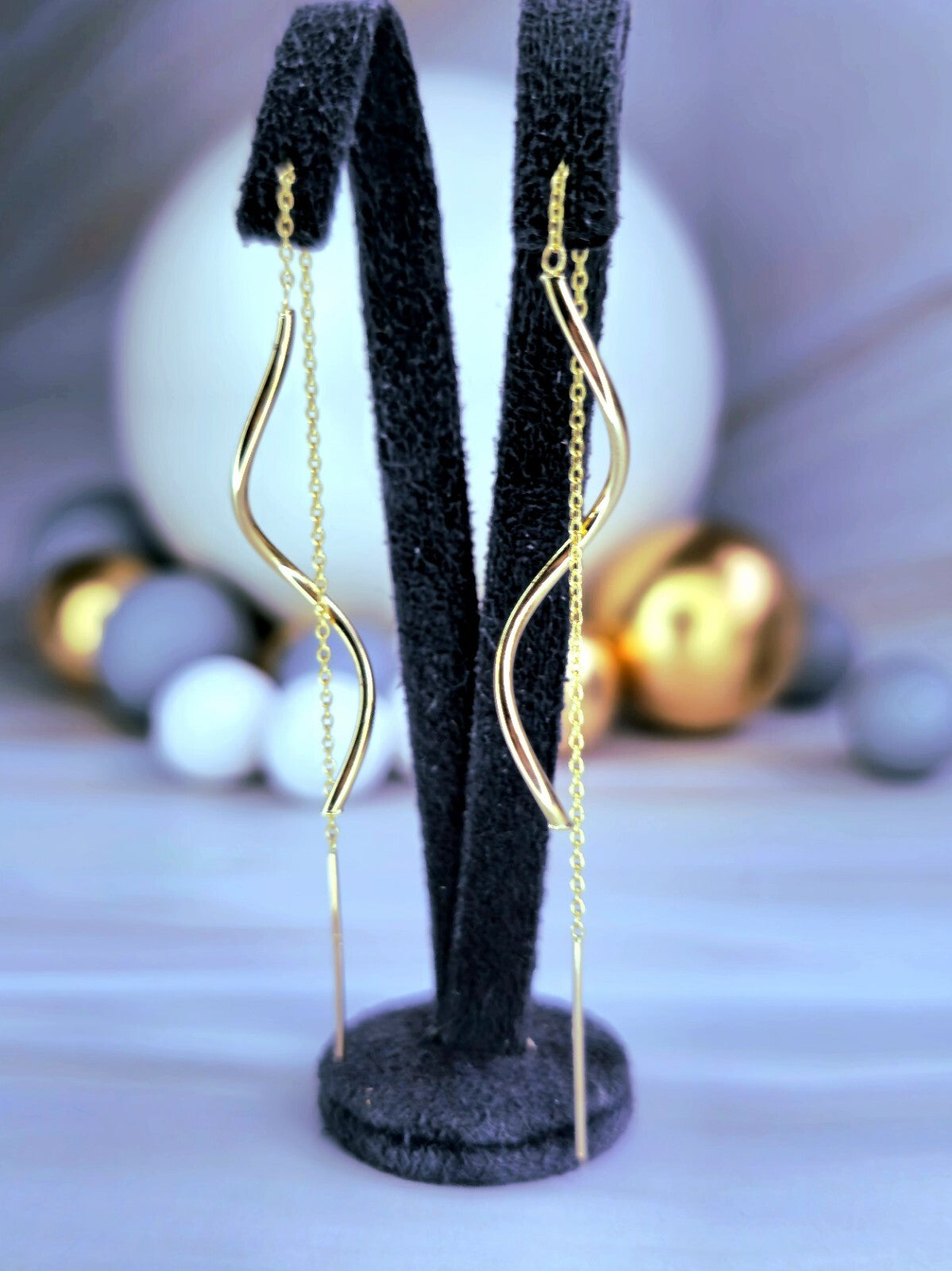 New 9ct Yellow Gold Twist Drop Earrings Squiggle Pull Through Wavy Chain 12.5cm