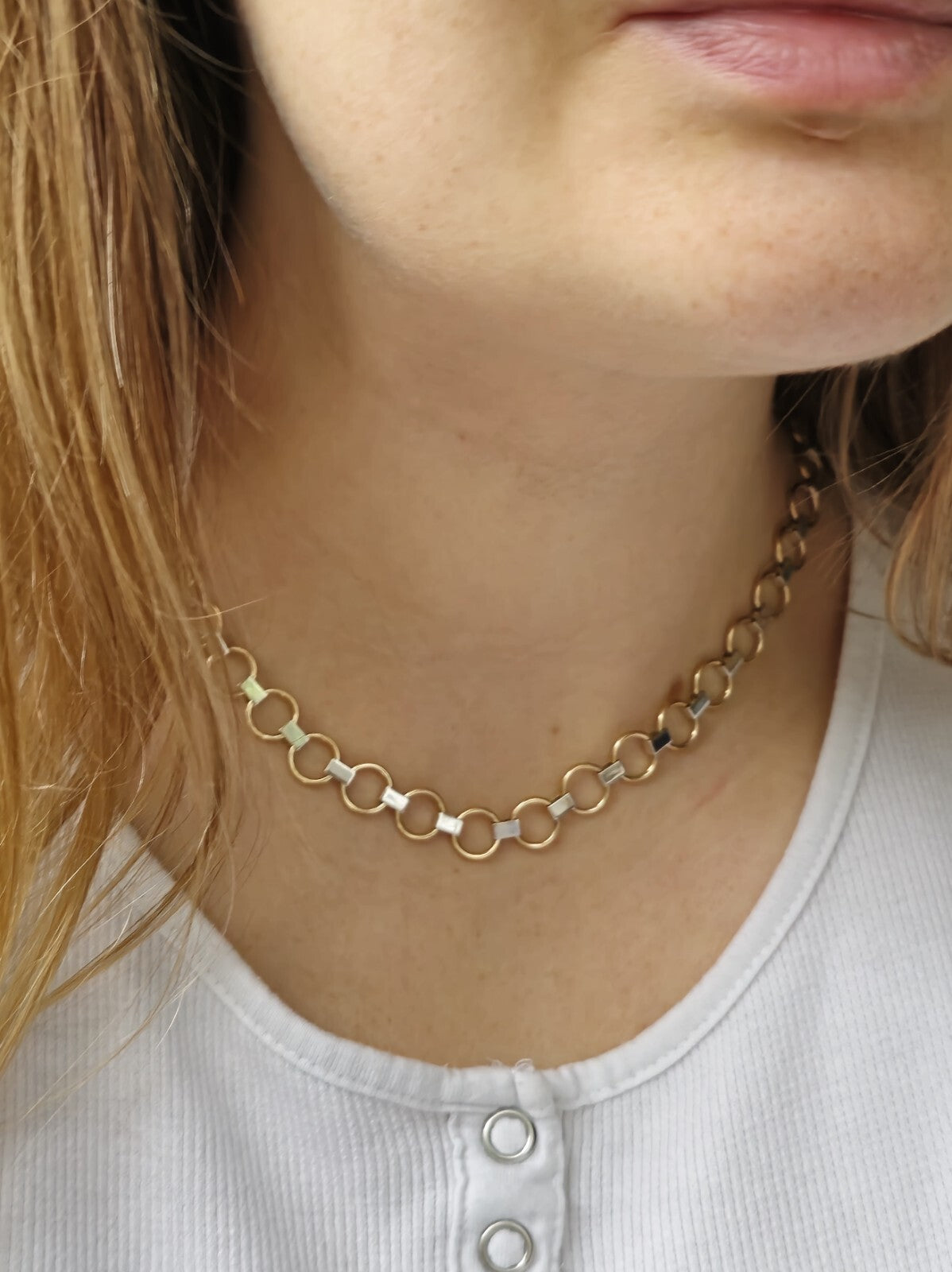 New Fancy 9ct Yellow/White Gold Necklace Collar Chocker Circles/Bars Lovely 11g