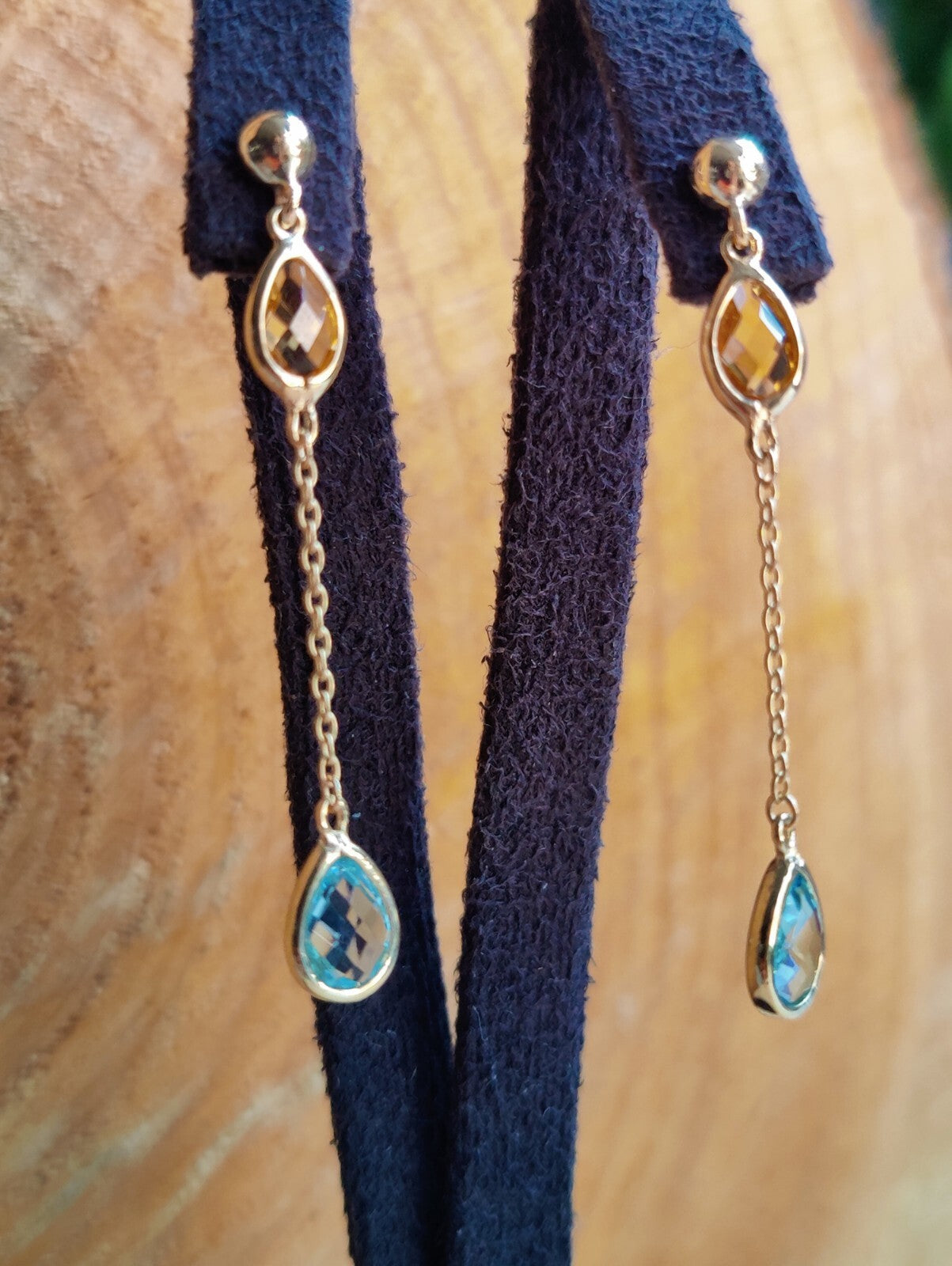 New 9ct Yellow Gold Drop Earrings Blue Topaz and Citrine Gemstones Hallmarked
