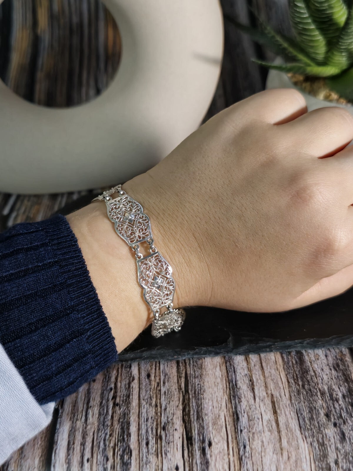 925 Sterling Silver Fancy Decor Bracelet Wide 14mm 7inch/18cm Hallmarked