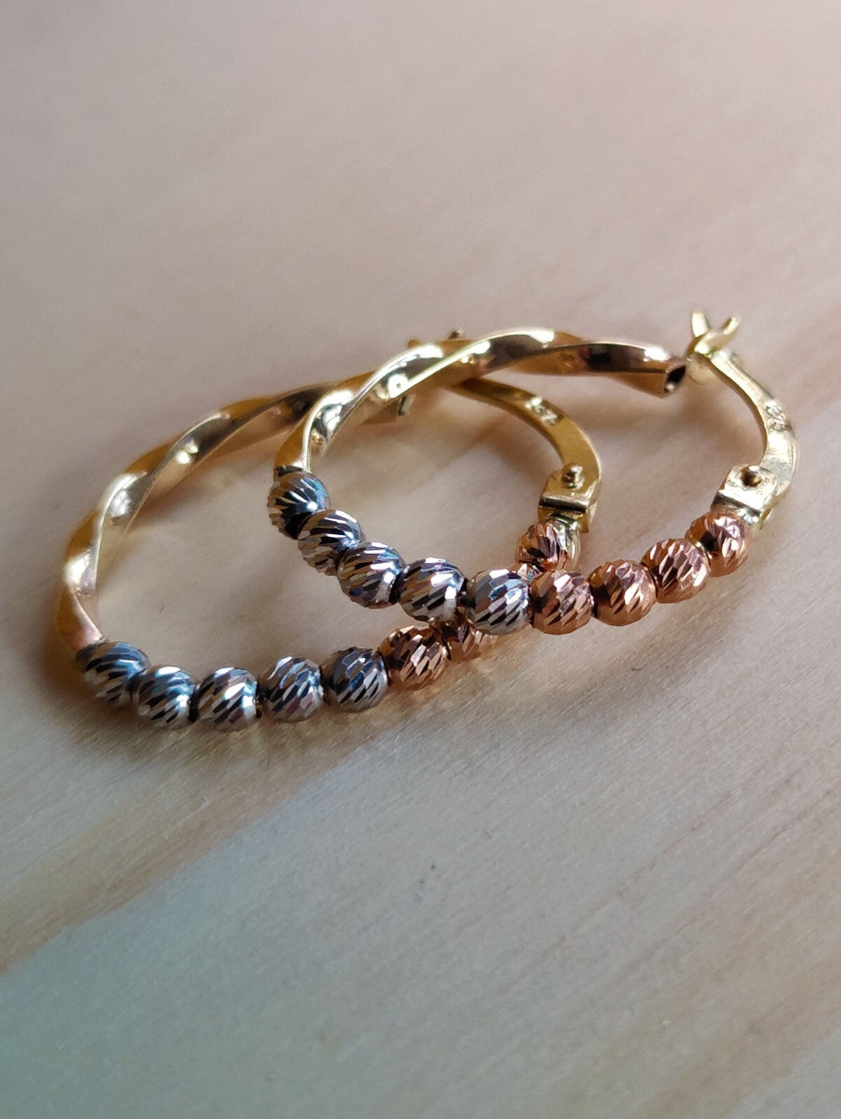 Oval 9ct Yellow/White/Rose Gold Huggies Trinity Three Colour Diamond Cut