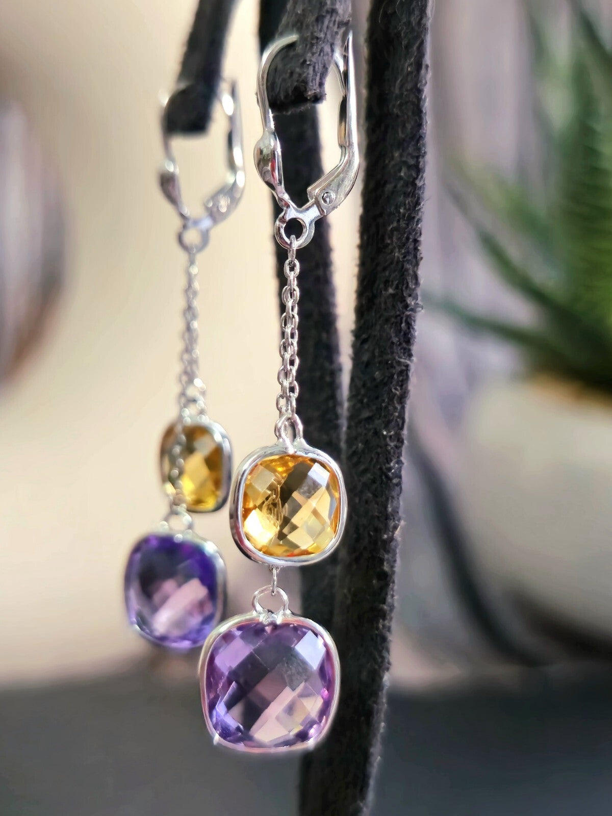 New 9ct White Gold Drop Earrings Amethyst and Citrine Big Stones Dangling Dress