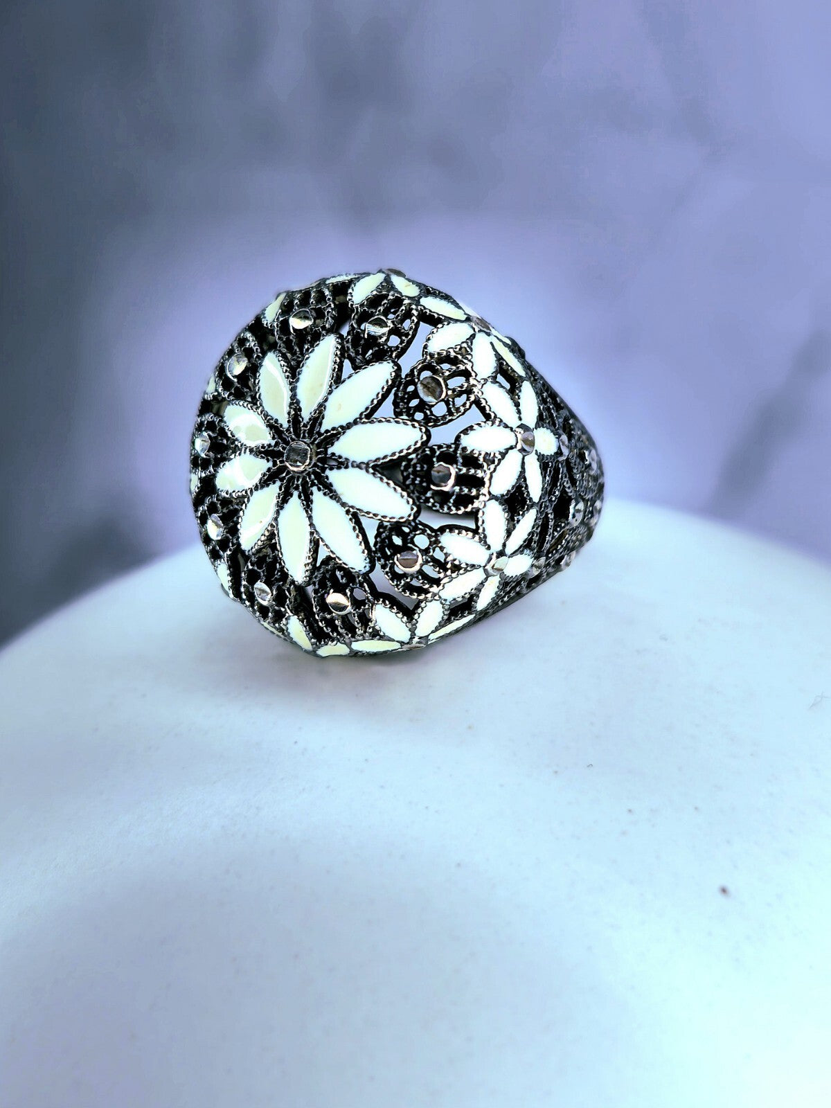 Sterling Silver 925 Ring Art Decor Oxidised Enamel Dress Cocktail, size O+ Black