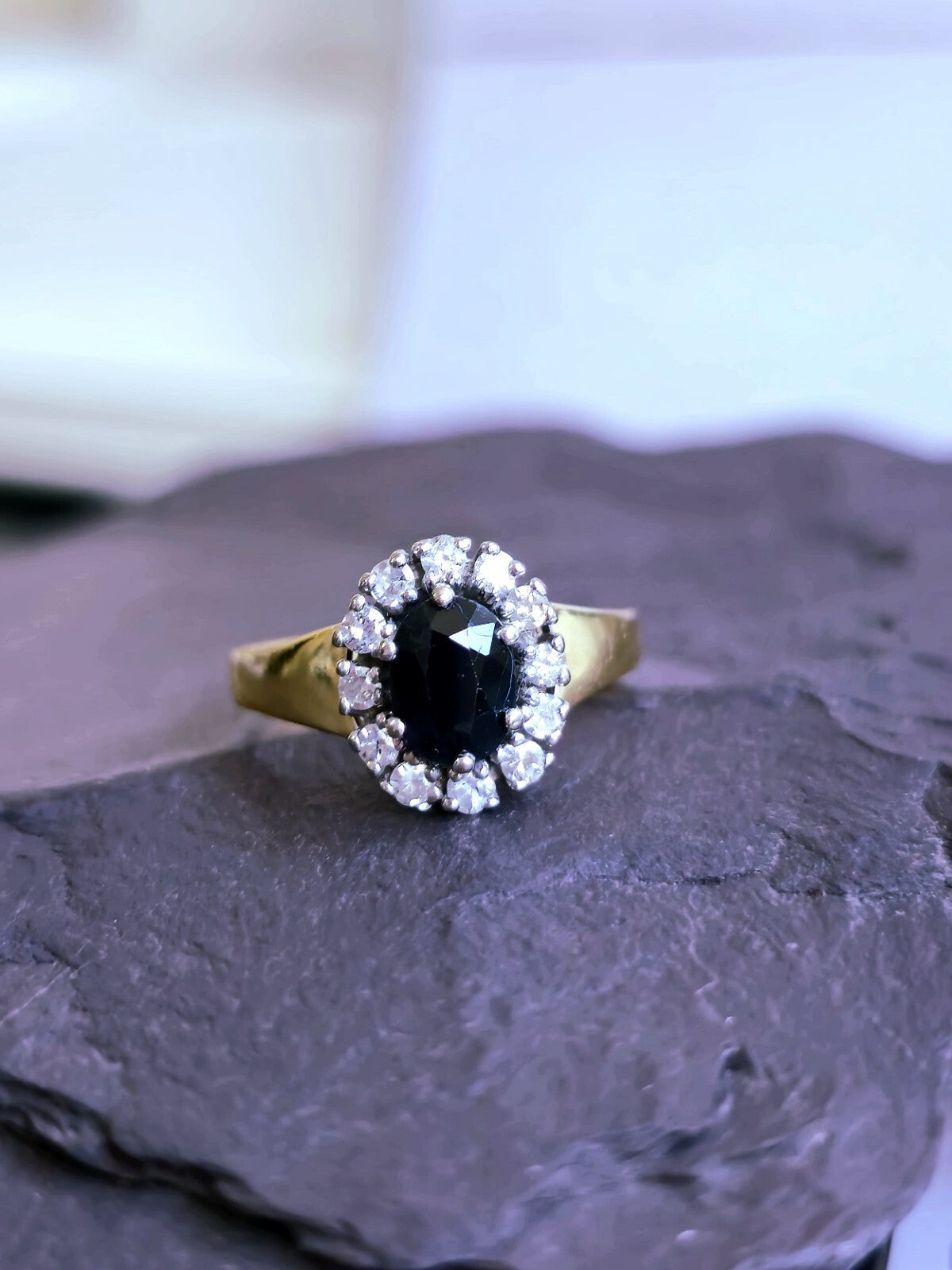 18ct Yellow Gold Sapphire/Diamond Ring Engagement Cocktail Diana Style size P+