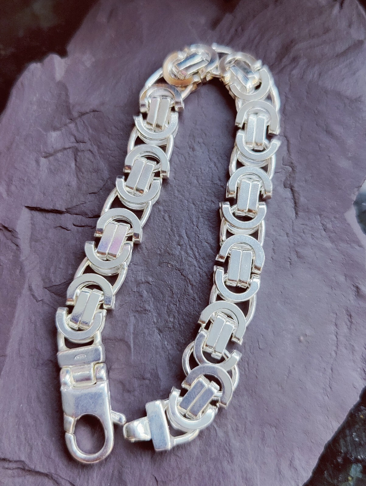925 Sterling Silver Chunky Heavy Mens Chain Bracelet 43grams Flat Byzantine 10mm