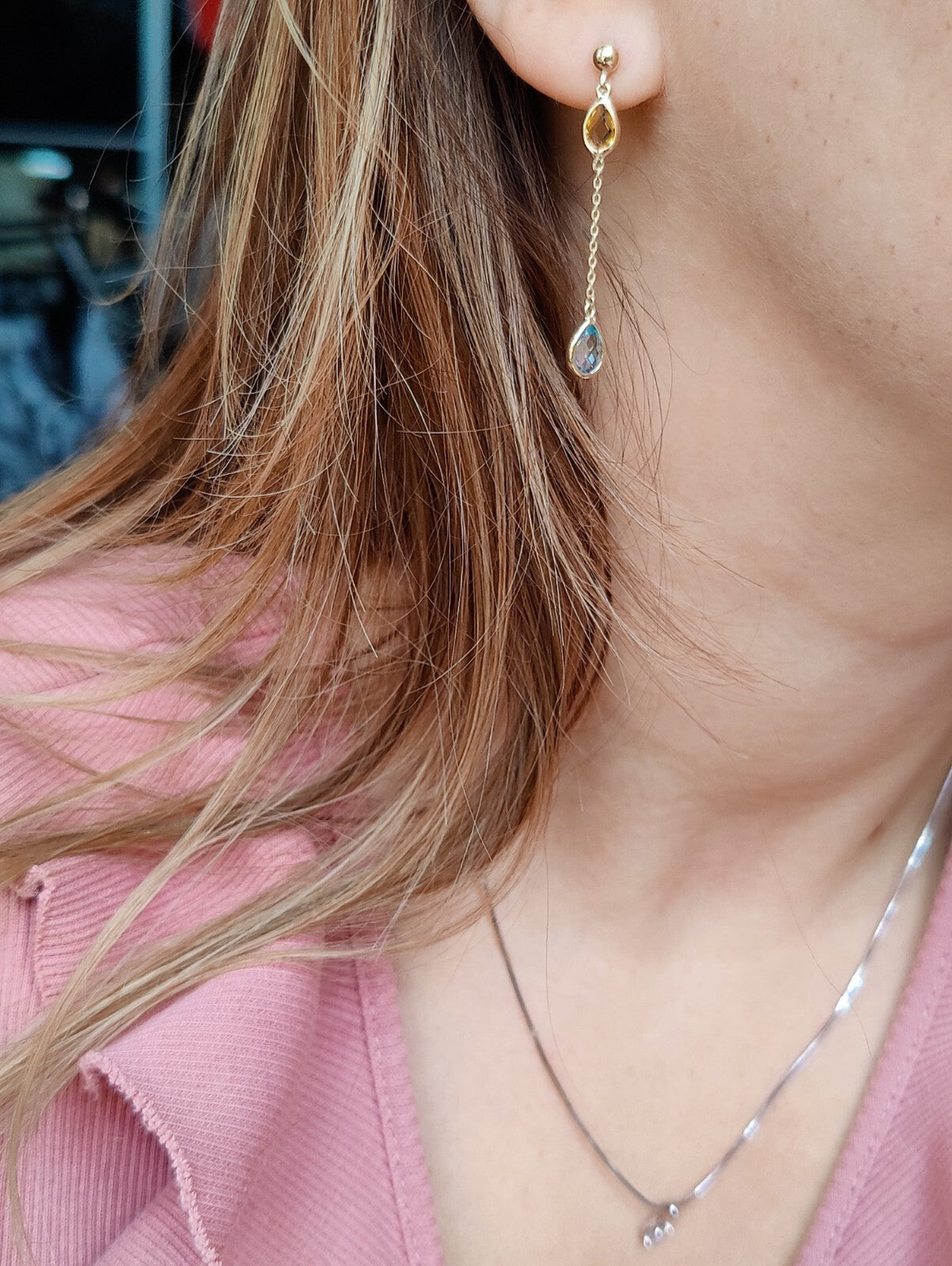 New 9ct Yellow Gold Drop Earrings Blue Topaz and Citrine Gemstones Hallmarked