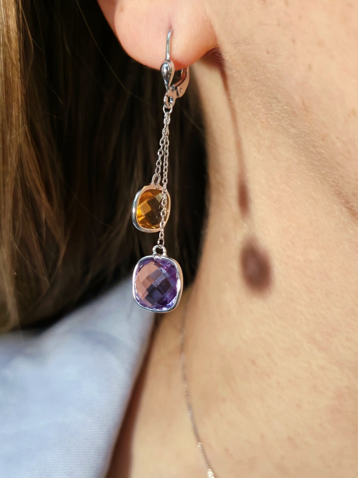 New 9ct White Gold Drop Earrings Amethyst and Citrine Big Stones Dangling Dress