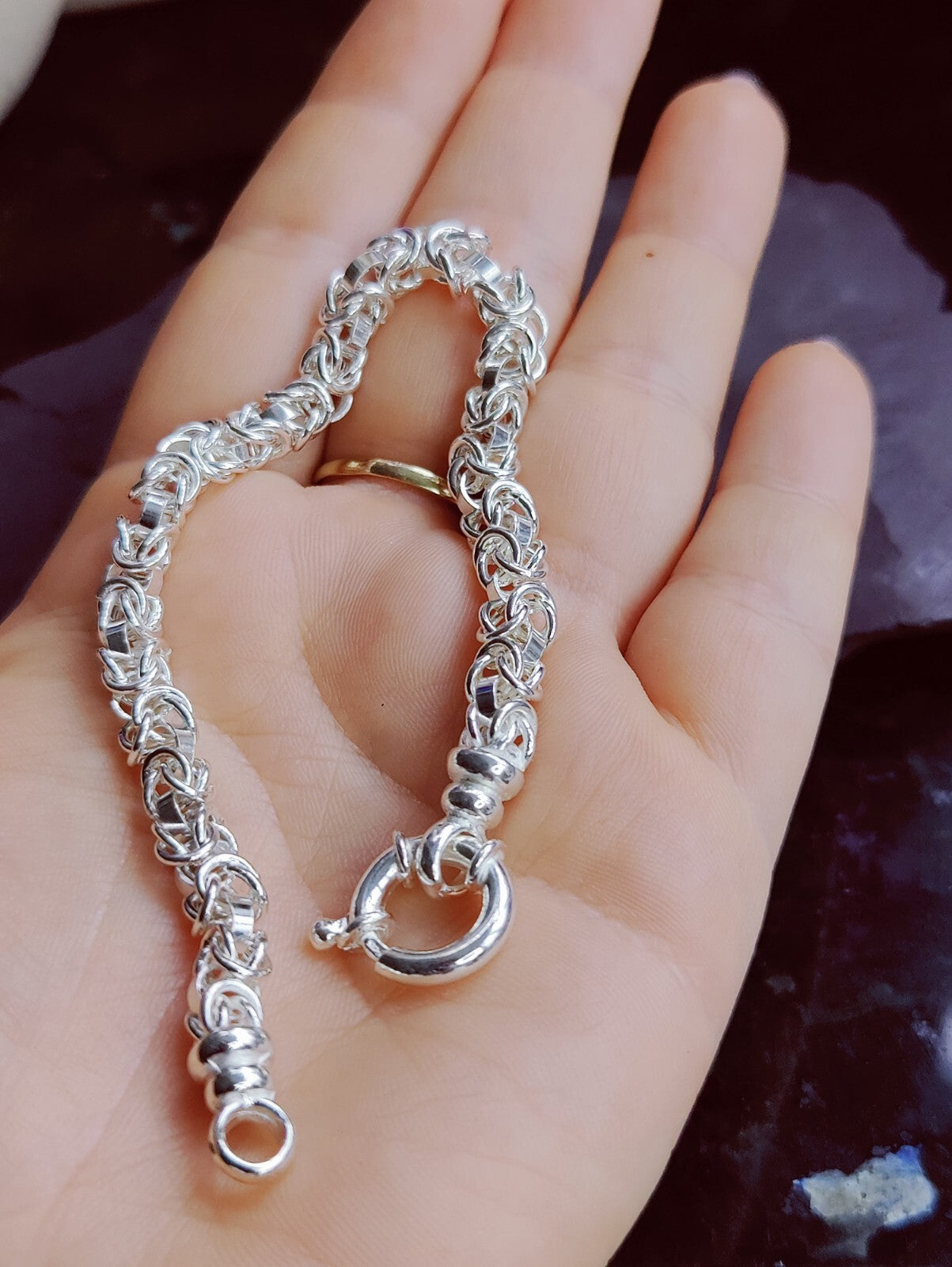 925 Sterling Silver Chunky Heavy Chain Bracelet 19grams Round Byzantine 6mm