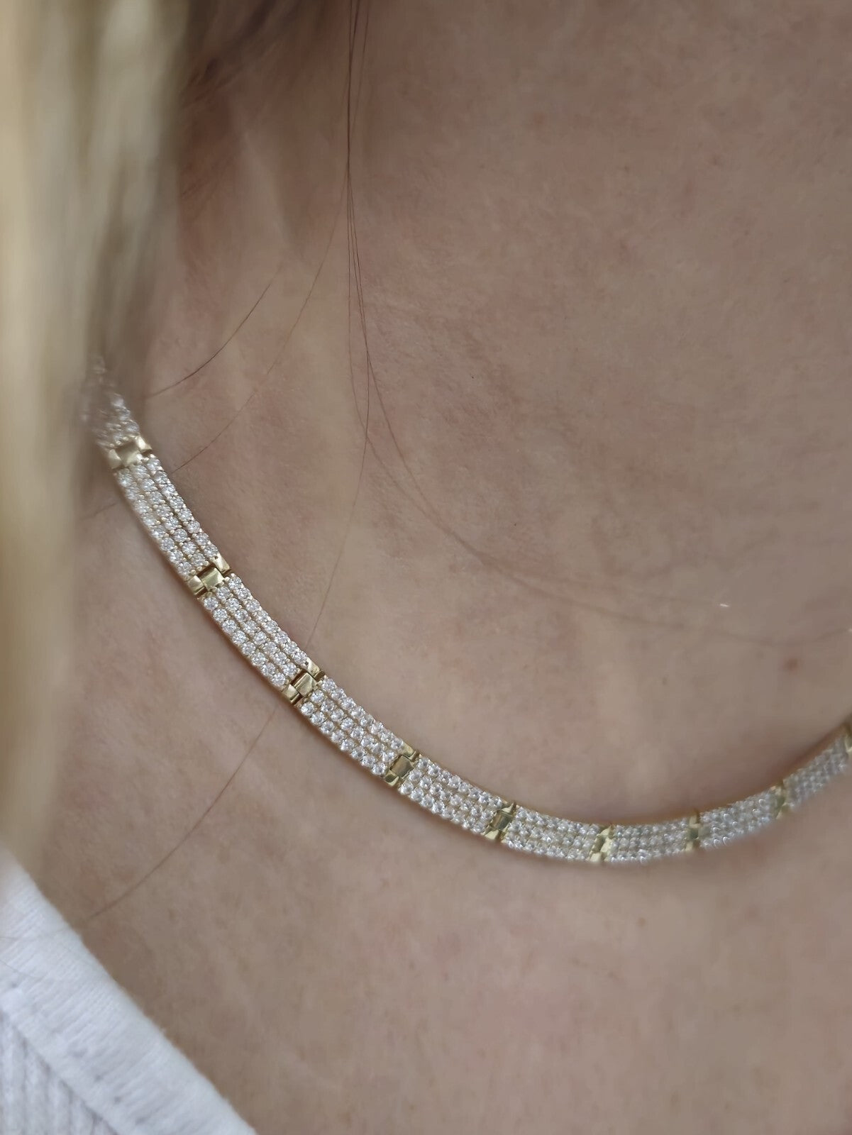 New Iced/Loaded Solid 9ct Yellow Gold Collar/Necklace 7.5inch C/Z Pave Hallmark