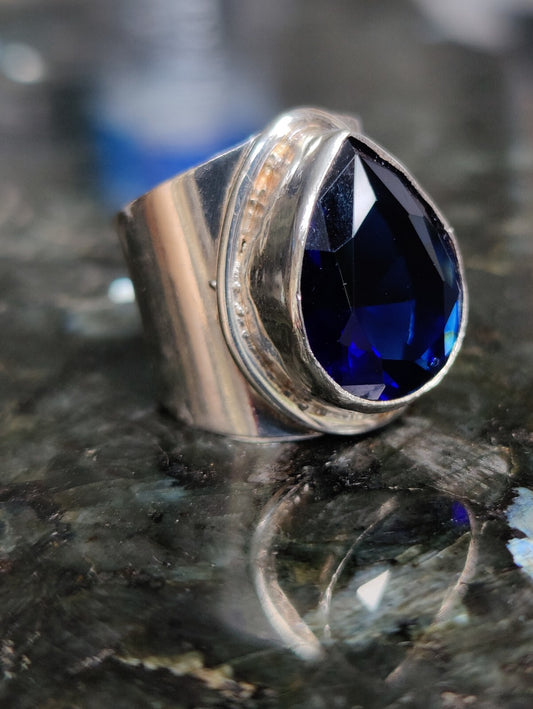 Sterling Silver 925 Ring with Big Blue Pear Shape Stone, Dress, Coctail, size K
