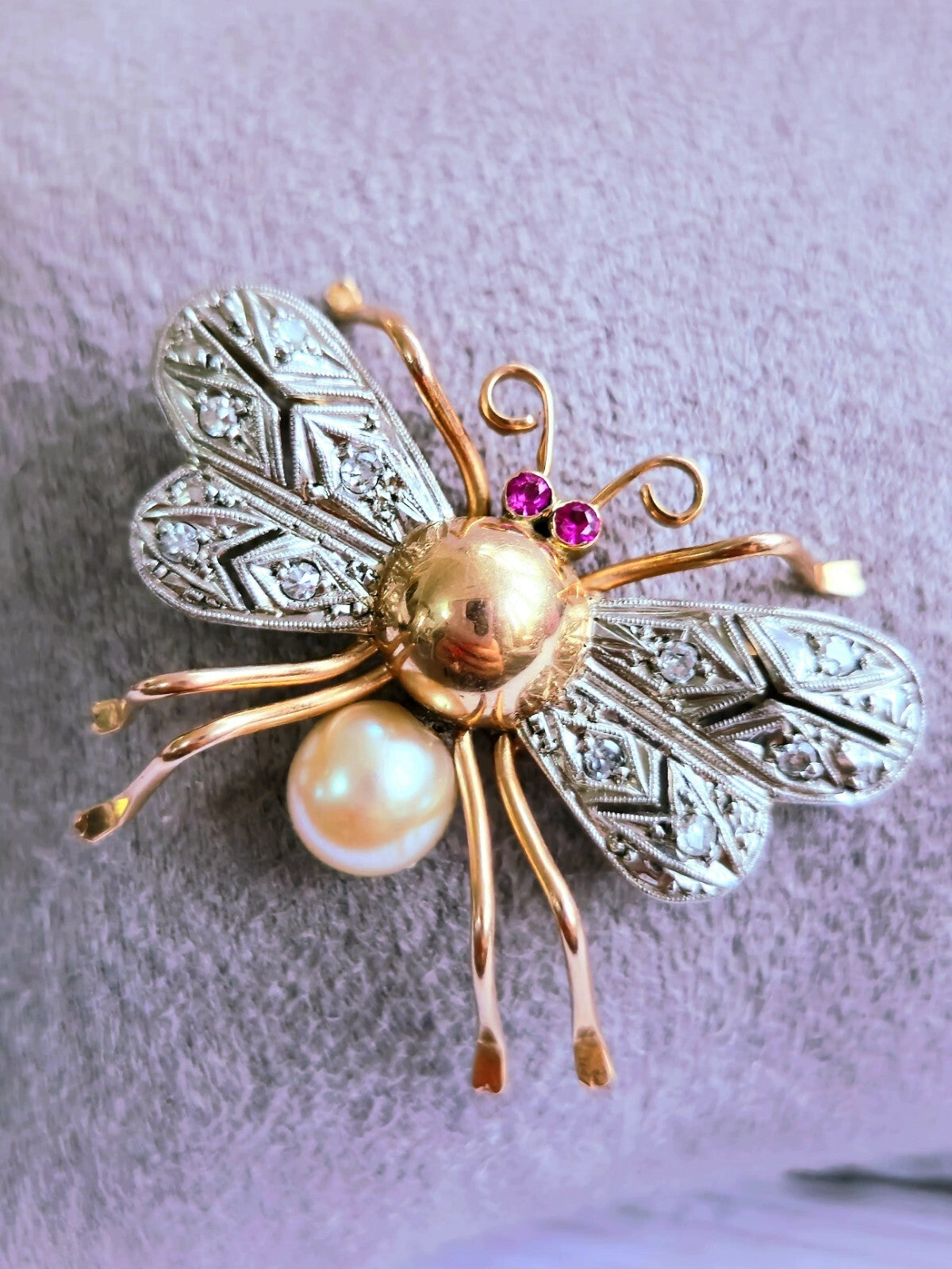 18K Rose Gold & Platinum Antique Victorian Diamonds Ruby & Pearl Bee Brooch Bug