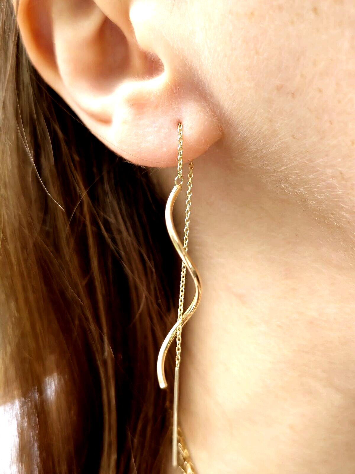 New 9ct Yellow Gold Twist Drop Earrings Squiggle Pull Through Wavy Chain 12.5cm