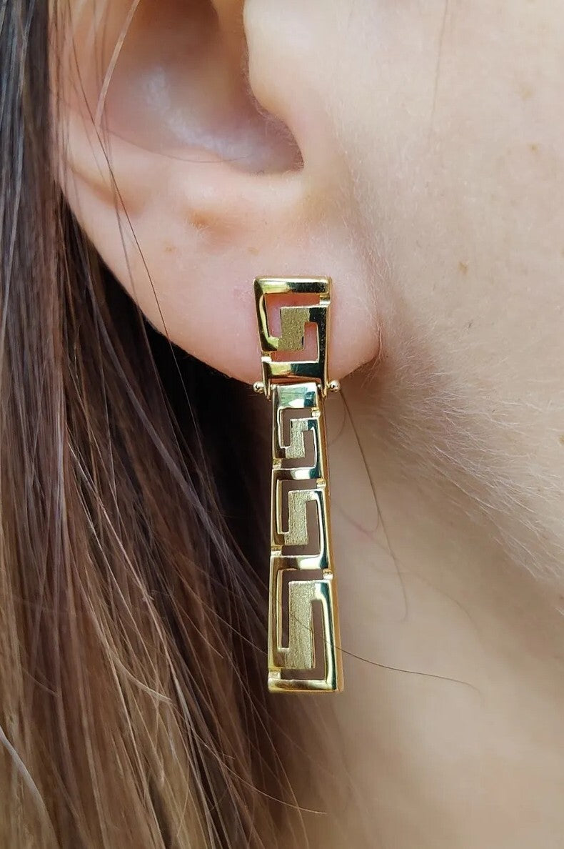 Solid 3.4grams Greek Key Earrings 9ct Yellow Gold Leverback Hallmarked