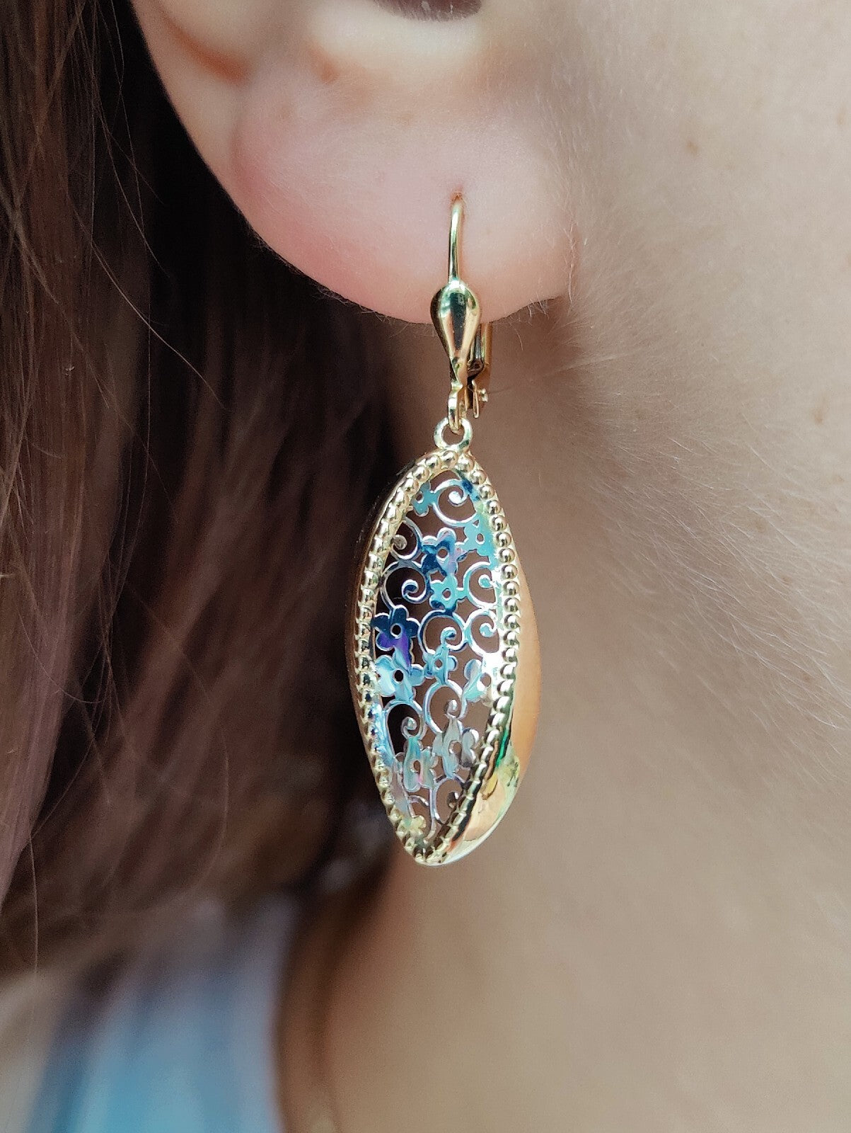 New Drop Earrings 9ct Yellow/White Gold Leverback Hallmarked Floral Pattern