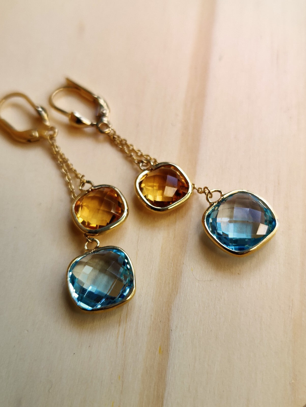 New 9ct Gold Drop Earrings 5grams Blue Topaz and Citrine Big Stones Hallmarked
