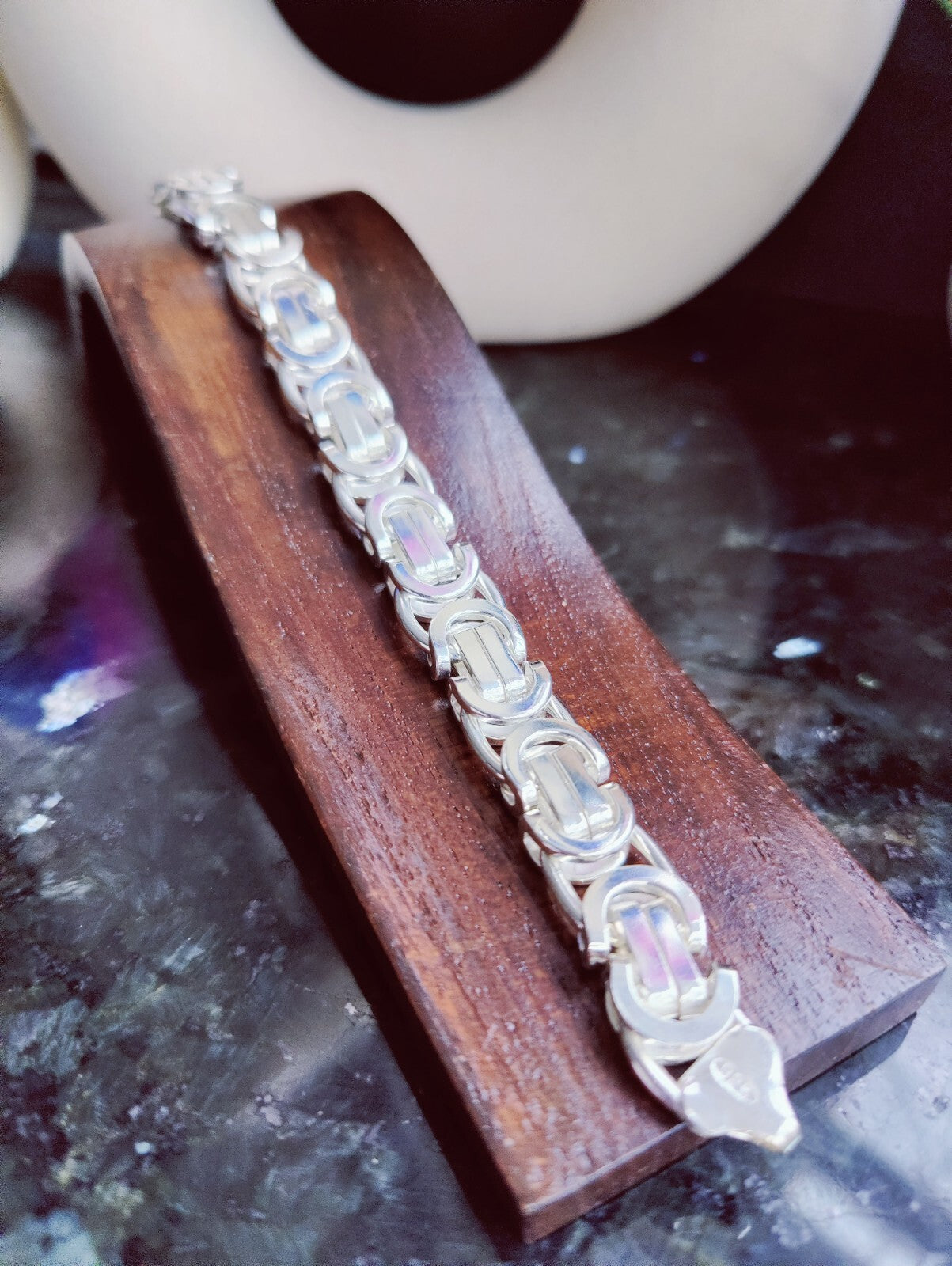 925 Sterling Silver Chunky Heavy Mens Chain Bracelet 52grams Flat Byzantine 10mm