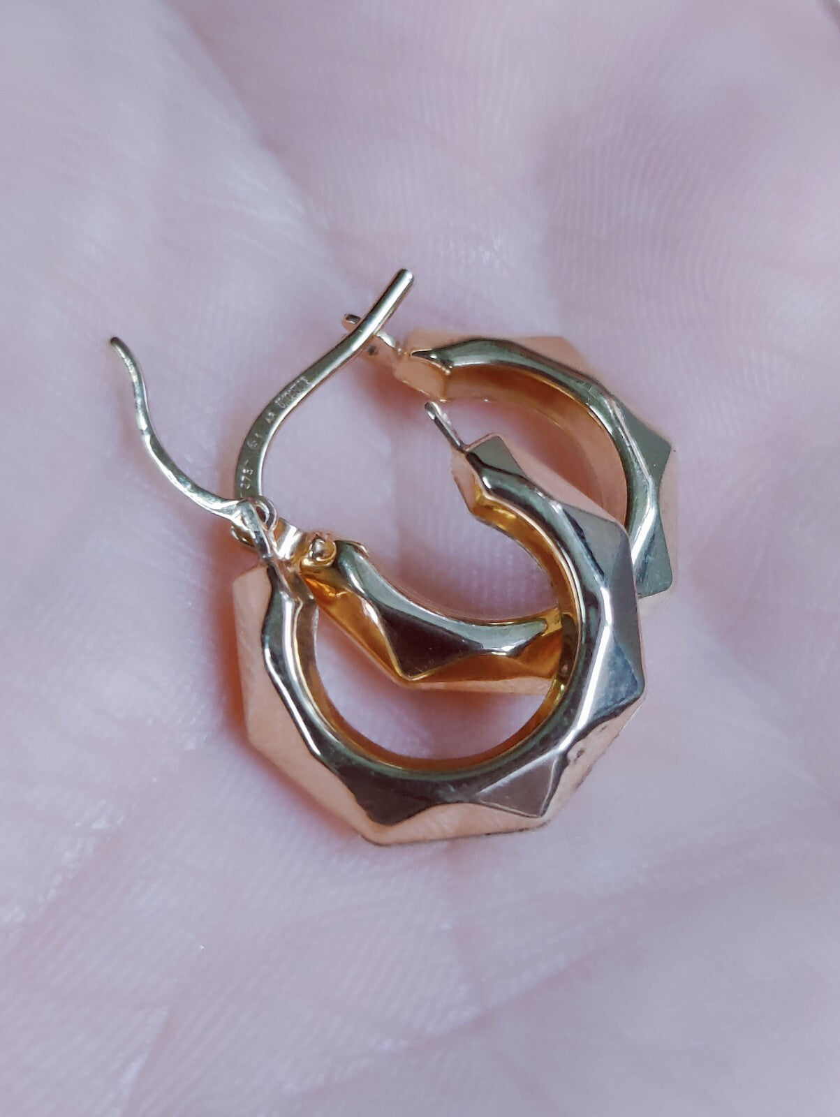 NEW Solid 9ct Yellow Gold Creole Hoop Earrings 15mm Sleepers Diamond cut