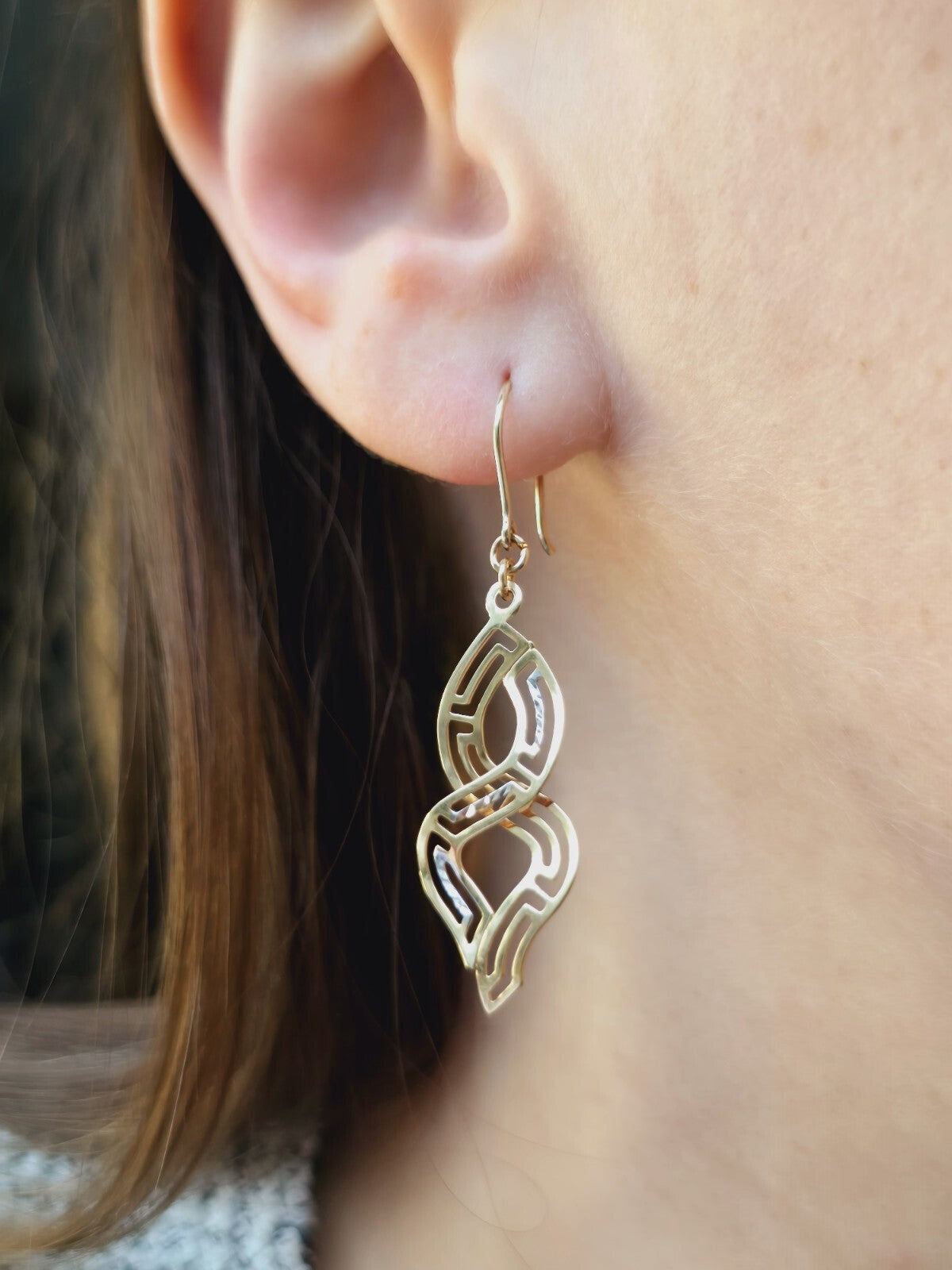 9ct Solid Yellow/White Long Drop Earrings Diamond Cut Eternity Motif Hook