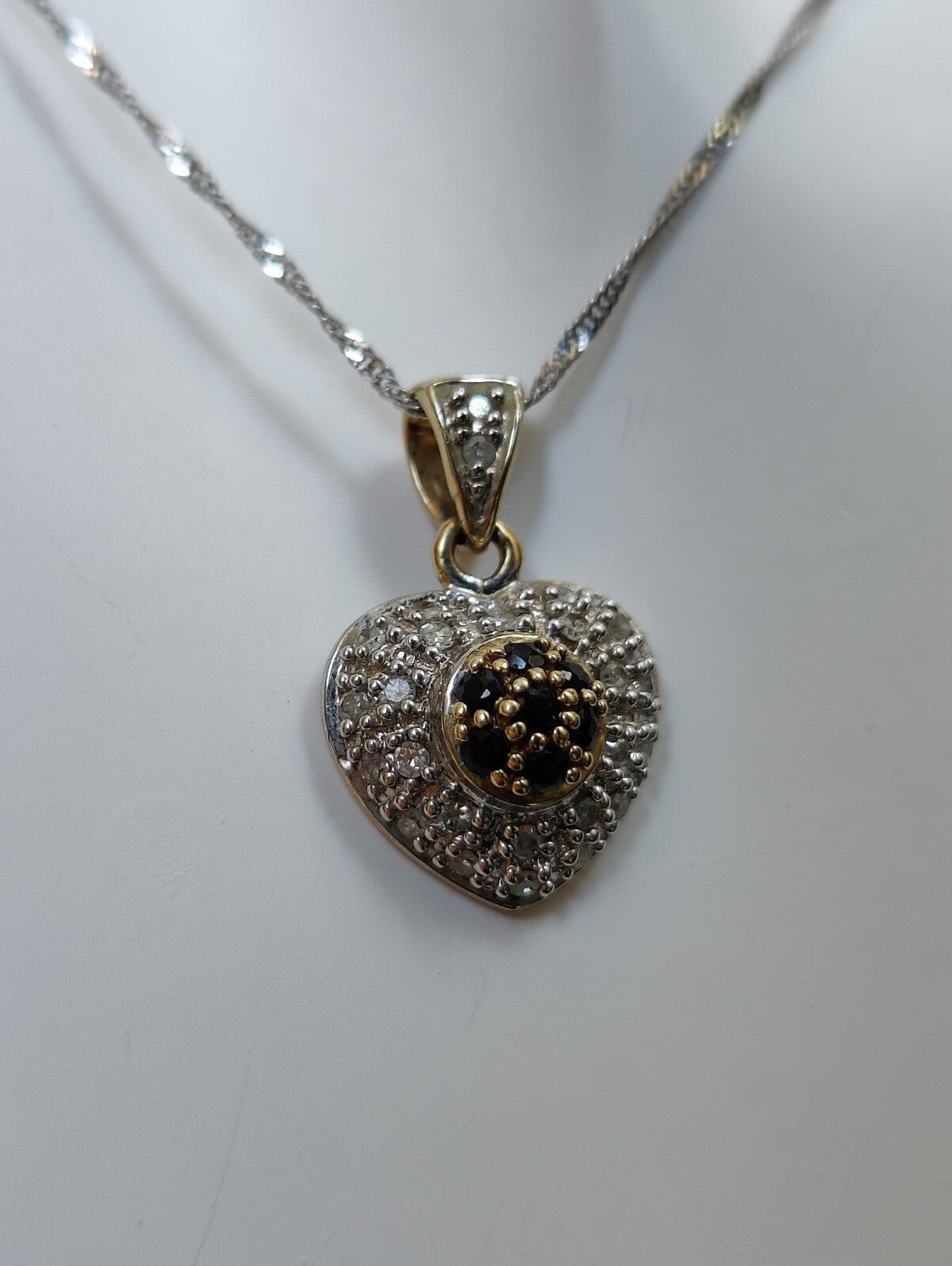 Solid 9CT YELLOW WHITE GOLD DIAMOND SAPPHIRE heartshape PENDANT Hallmarked