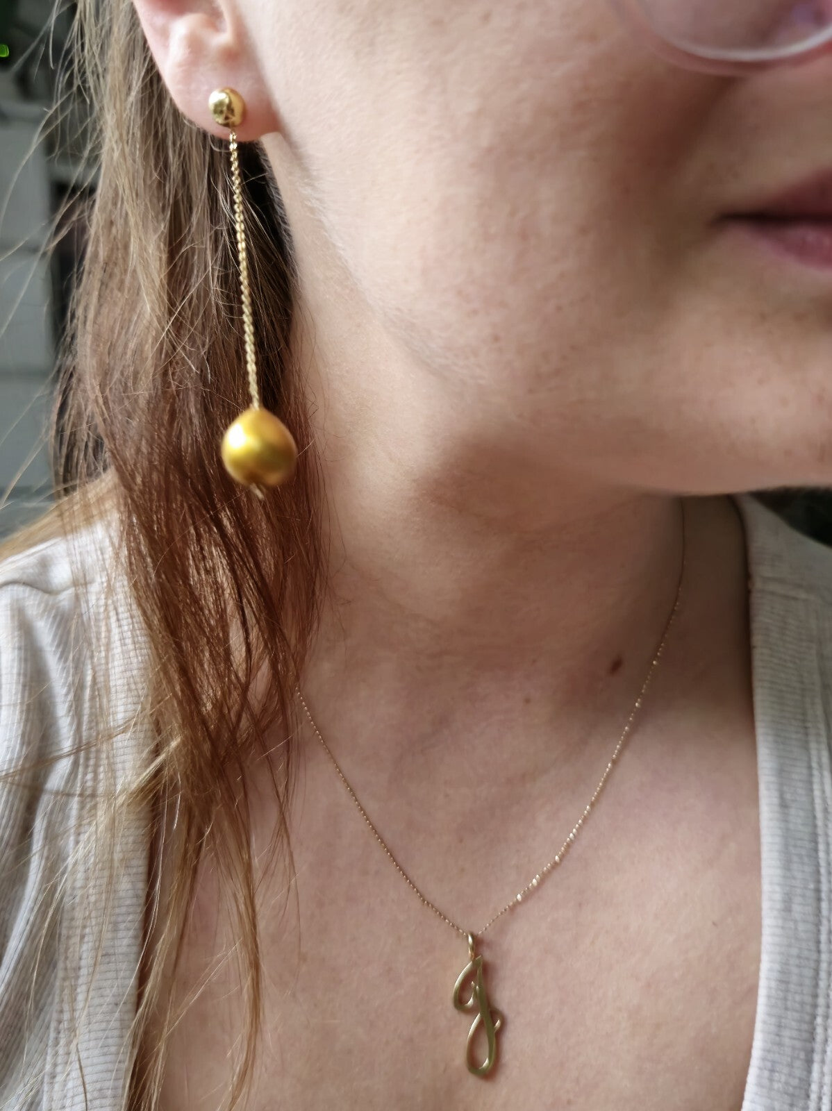 Long Chain Drop Earrings in 14K Yellow Gold Yellow 8mm Baroque Pearls 73mm Long