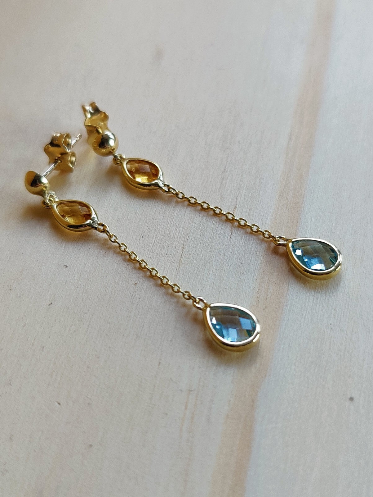 New 9ct Yellow Gold Drop Earrings Blue Topaz and Citrine Gemstones Hallmarked