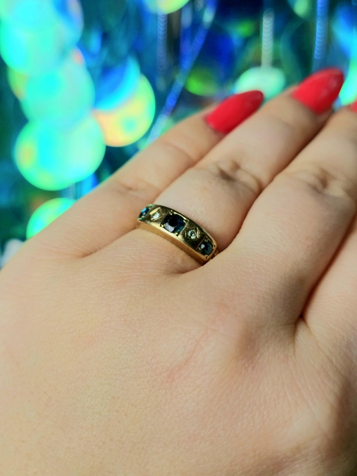 9ct Yellow Gold Sapphire/Diamond Ring Vintage Band size L+ 3.2g Hallmarked
