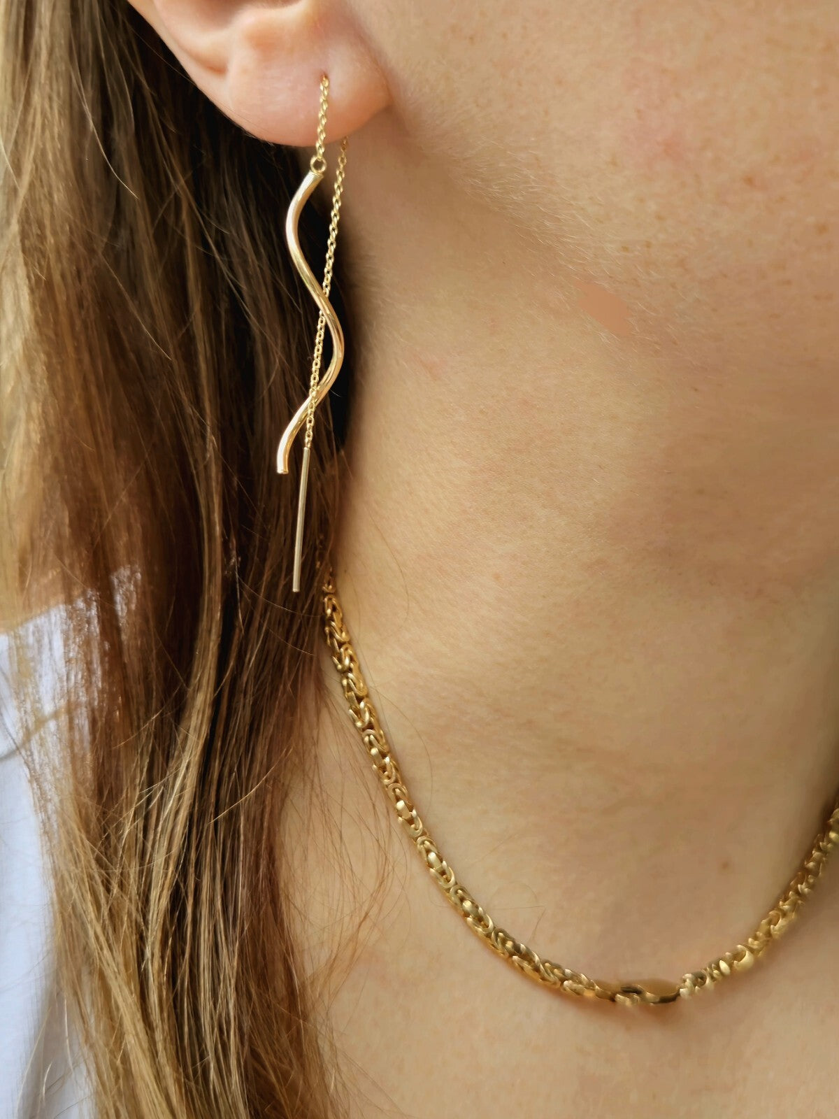 New 9ct Yellow Gold Twist Drop Earrings Squiggle Pull Through Wavy Chain 12.5cm