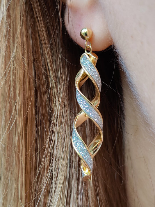 New Solid Yellow Gold 9 Carat White Glitter Moondust Twist Earrings Studs Dangly