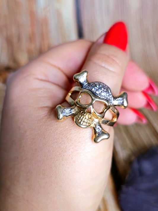 Solid 9ct Yellow Gold Signet Ring big size: Z+1 Skull C/Z Skeleton Heavy Chunky