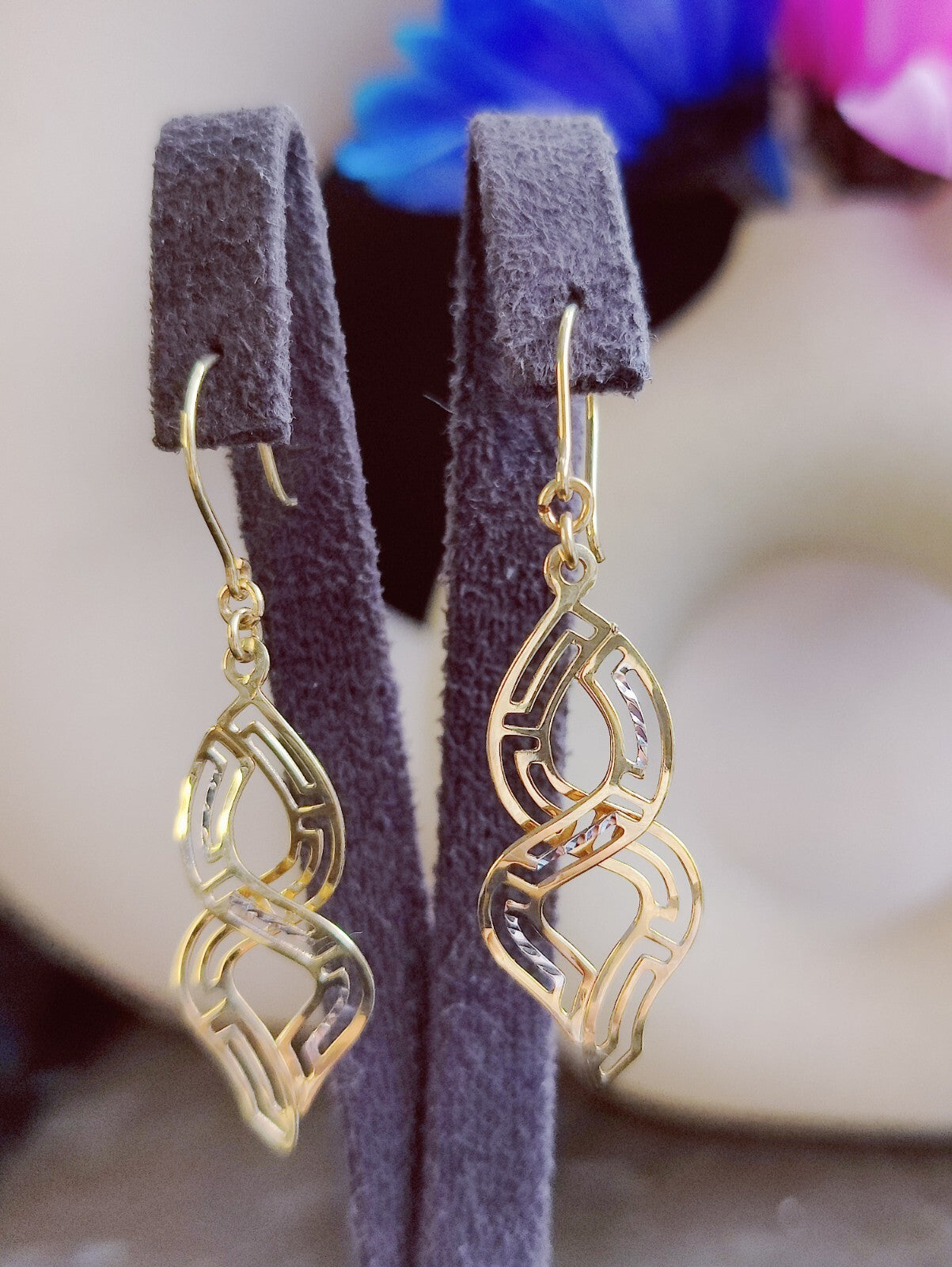 9ct Solid Yellow/White Long Drop Earrings Diamond Cut Eternity Motif Hook