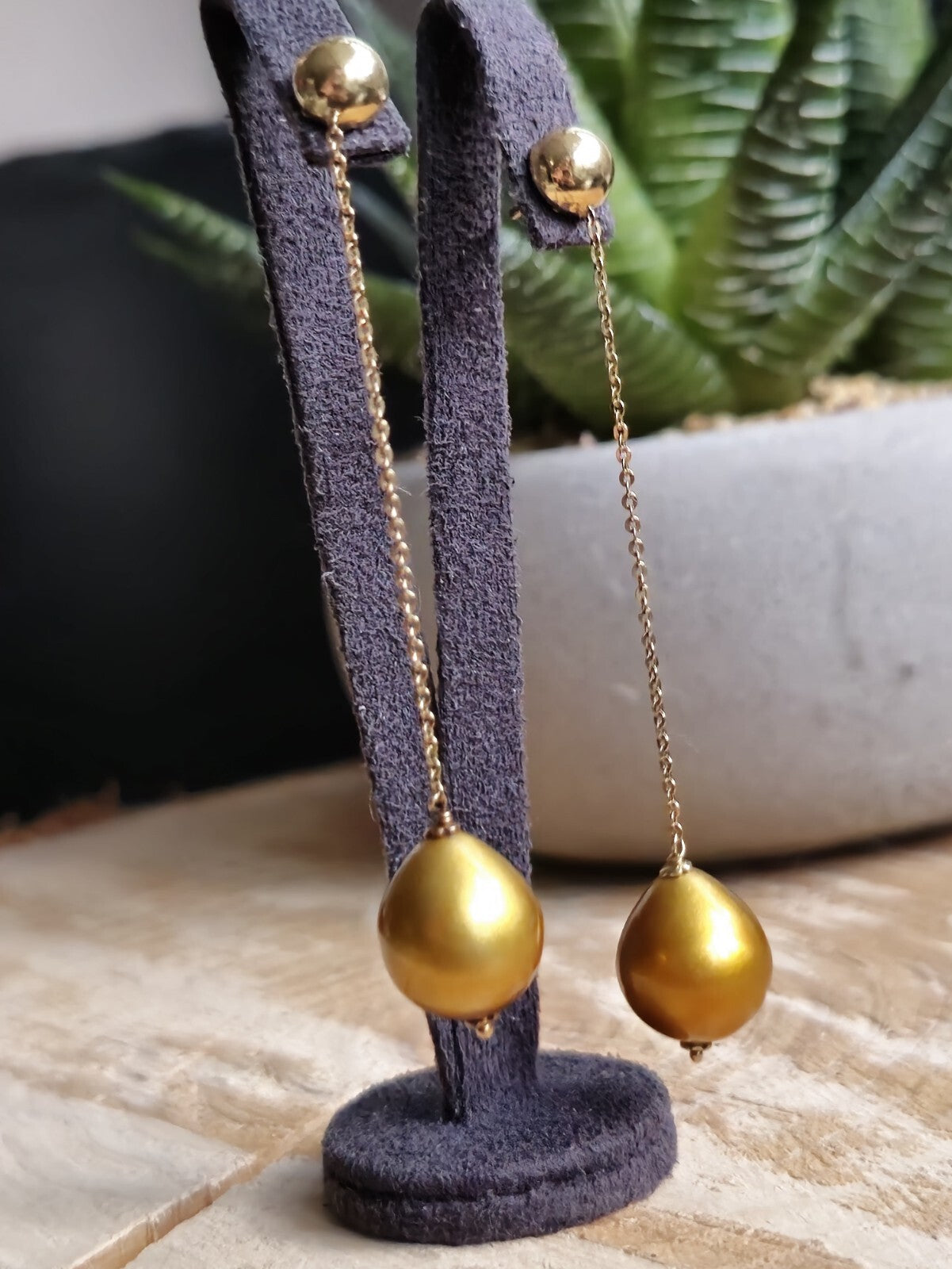 Long Chain Drop Earrings in 14K Yellow Gold Yellow 8mm Baroque Pearls 73mm Long