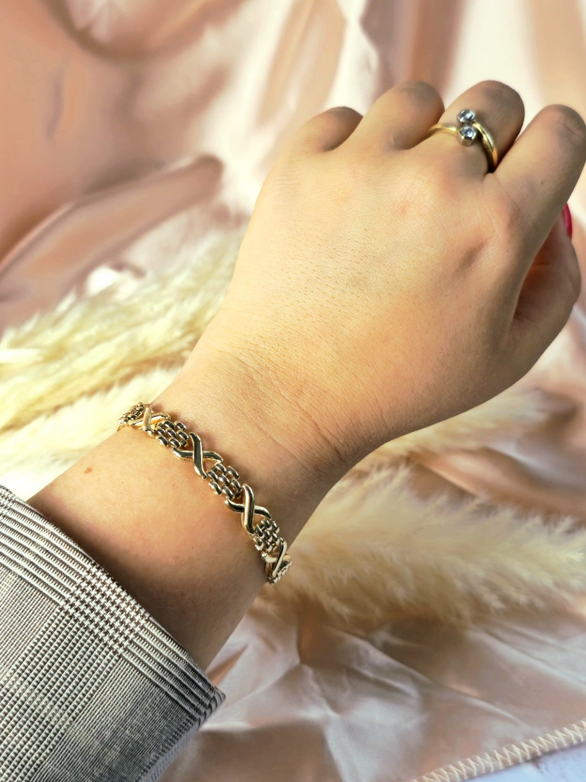 Solid 9ct Yellow Gold Beautiful Bracelet Grain X Shape Modern Gate Fancy 7.5''