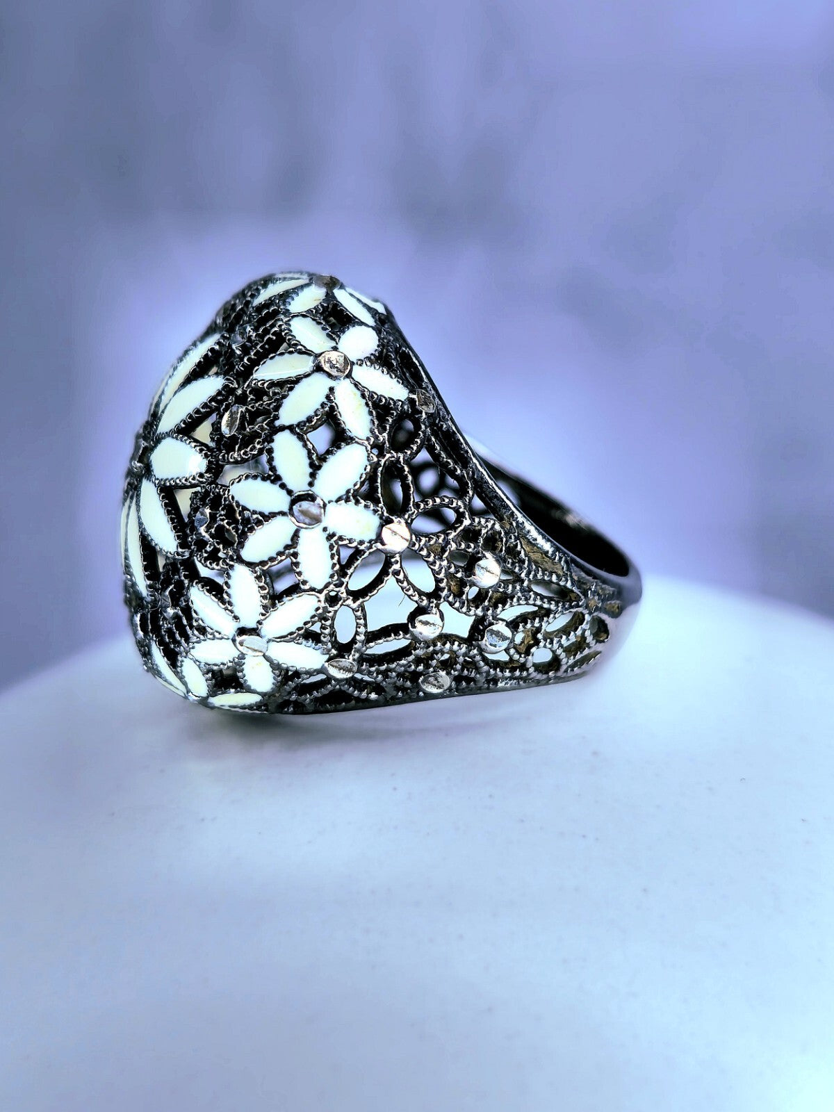 Sterling Silver 925 Ring Art Decor Oxidised Enamel Dress Cocktail, size O+ Black