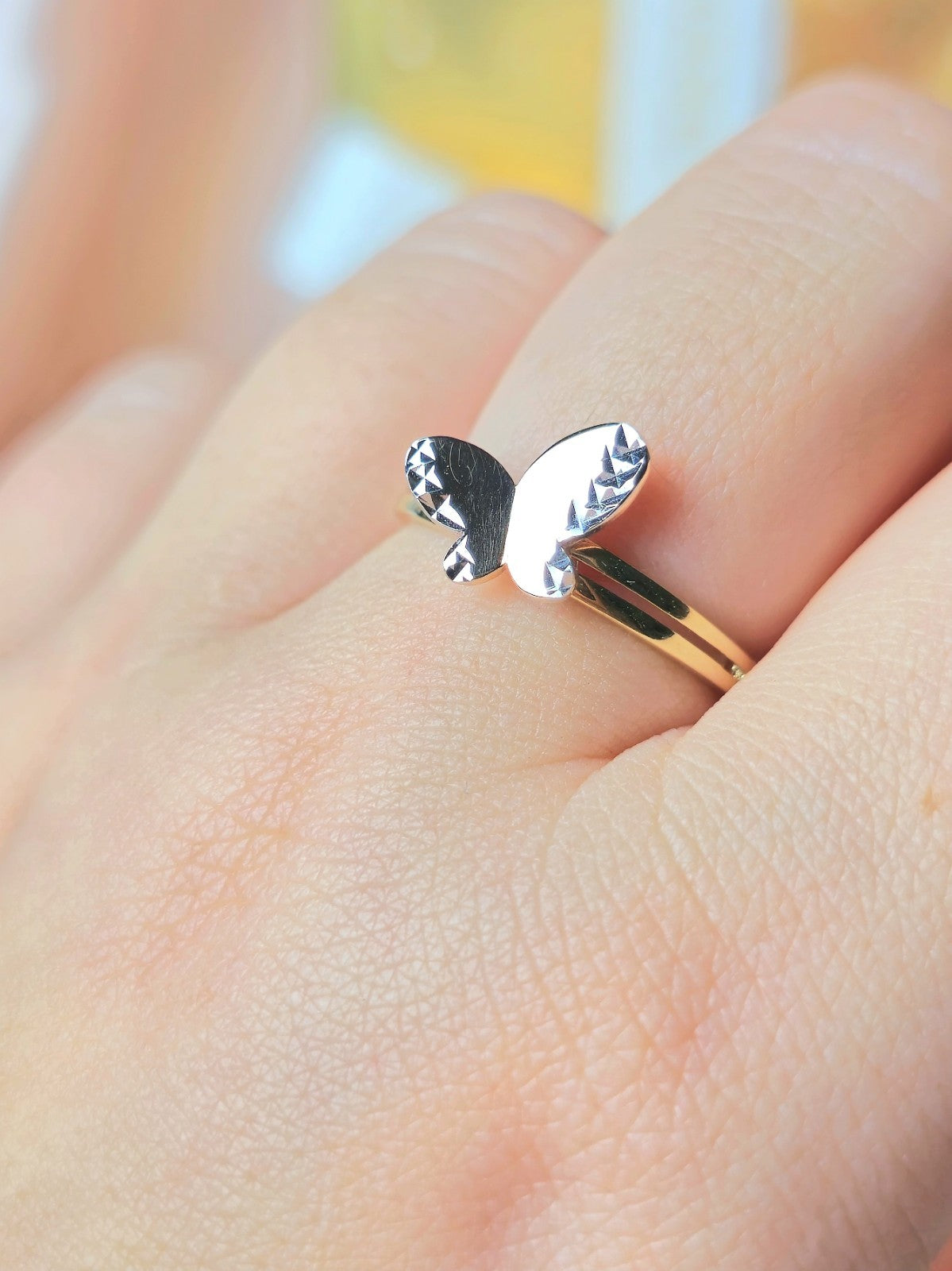 New 9ct Yellow/White Gold Butterfly Ring 3D Cute Feminine Double Band Hallmarked