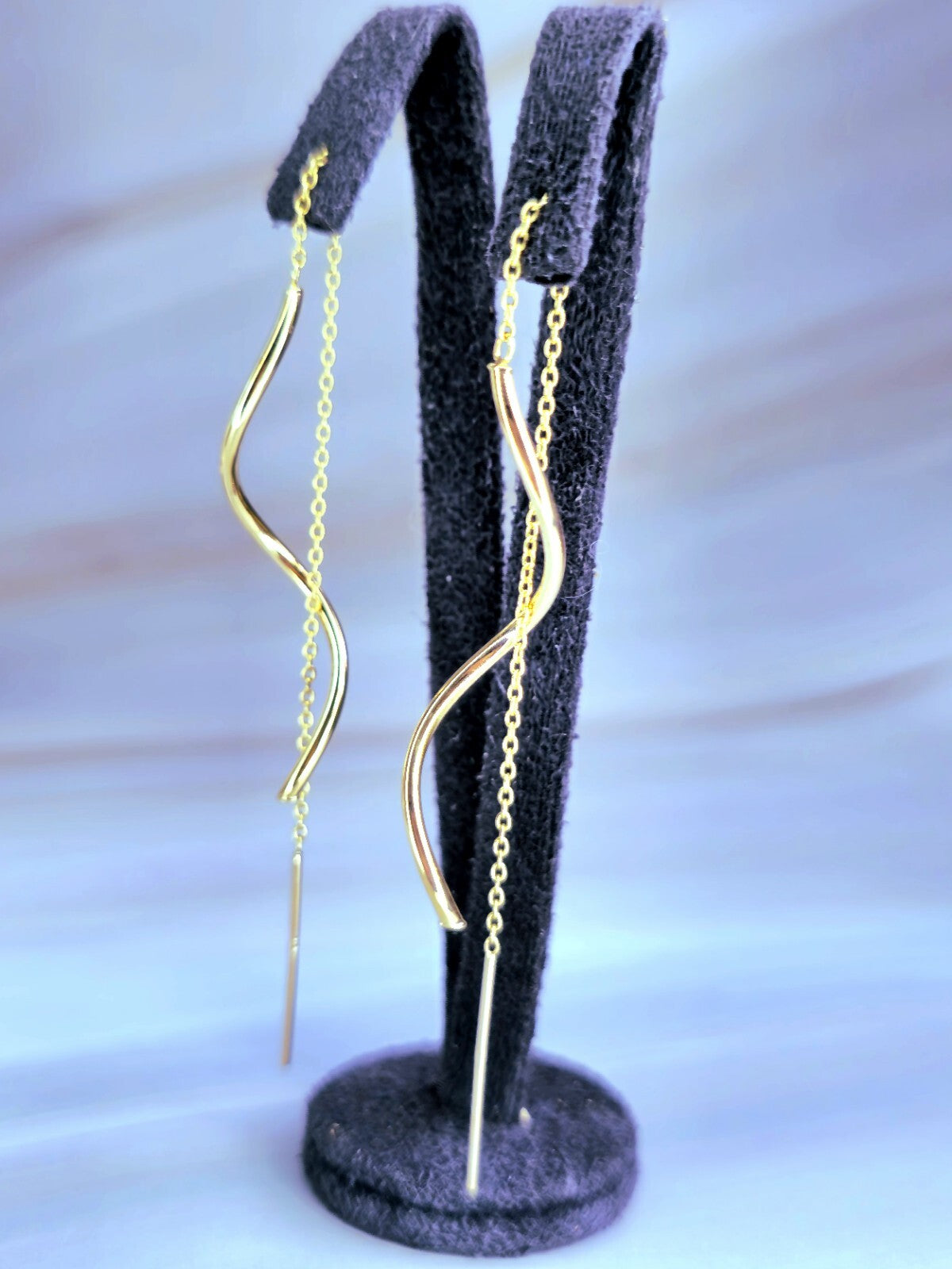 New 9ct Yellow Gold Twist Drop Earrings Squiggle Pull Through Wavy Chain 12.5cm