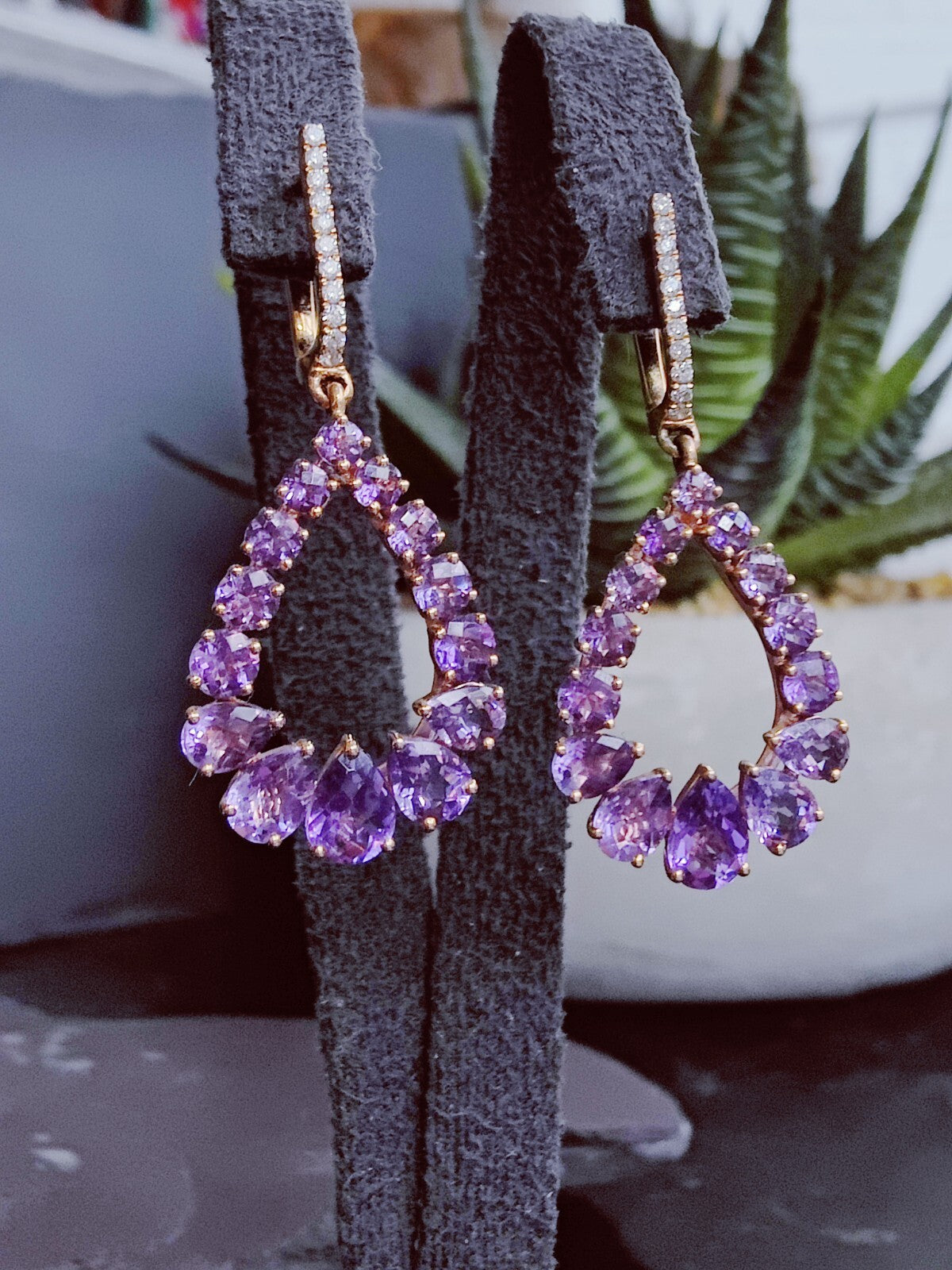 Solid 18K Rose Gold Amethyst & Diamond Drop Earrings Pear Shape Elegant