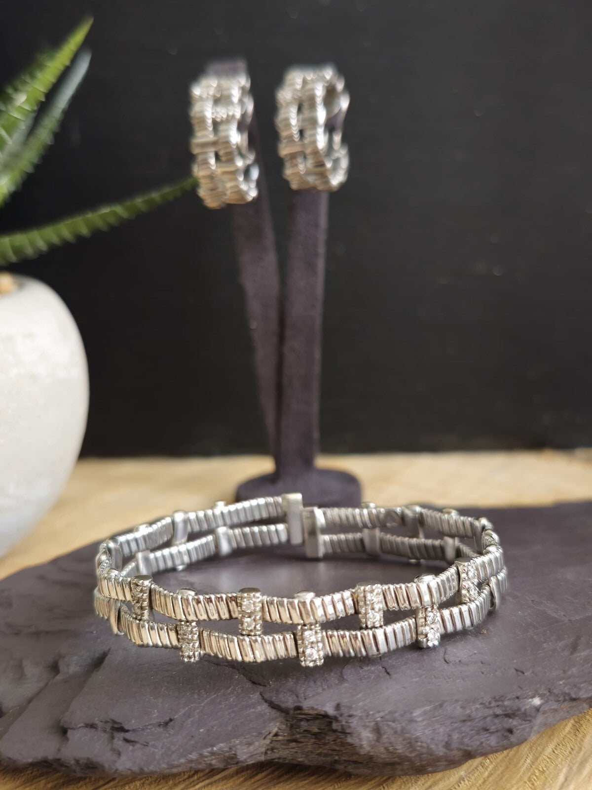Solid 18k White Gold Jewellery Set of Diamond Bracelet and Earrings Heavy Hoops