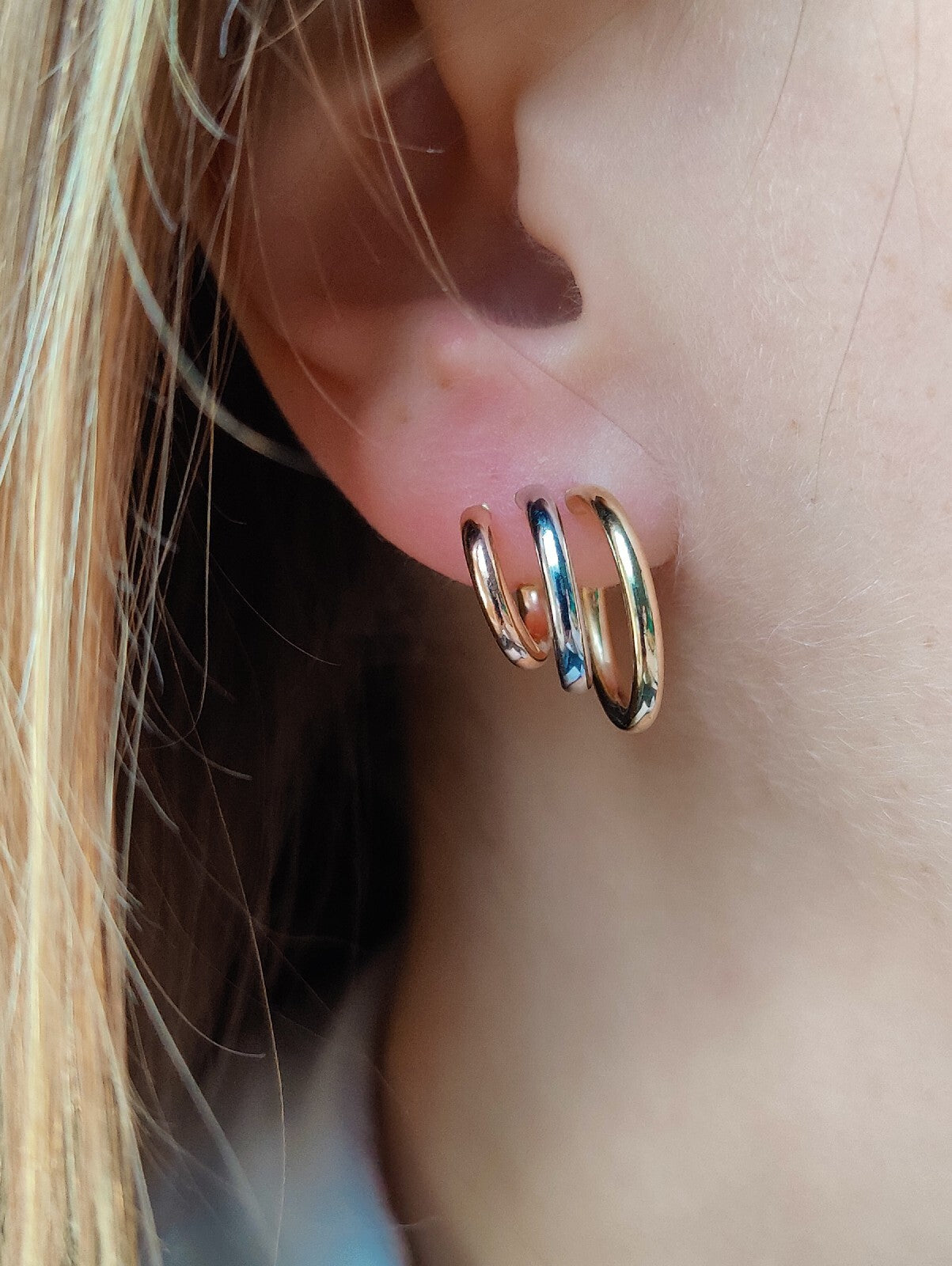 Solid 9ct Yellow/White/Rose Gold Hoop Earrings Trinity Three Colour New Circles
