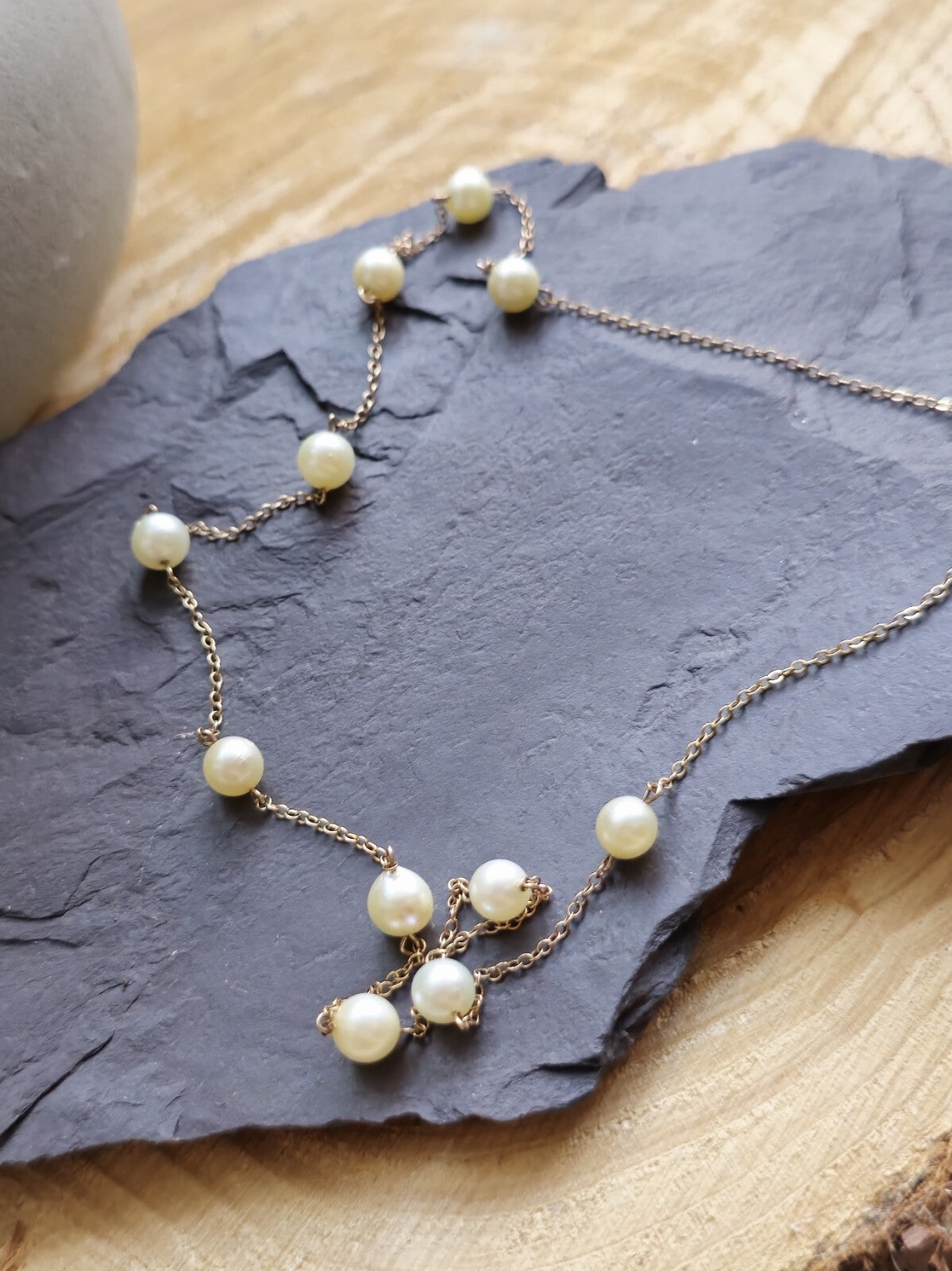 9K Yellow Gold Bars And Natural Cultured Pearls 17inch Fashion Necklace