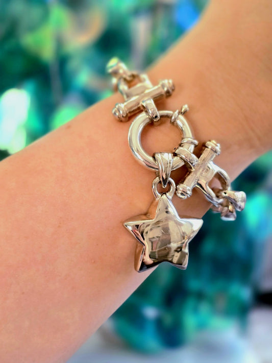 925 Sterling Silver Chunky Chain Bracelet with Charms Star 25g Hollow Hallmarked