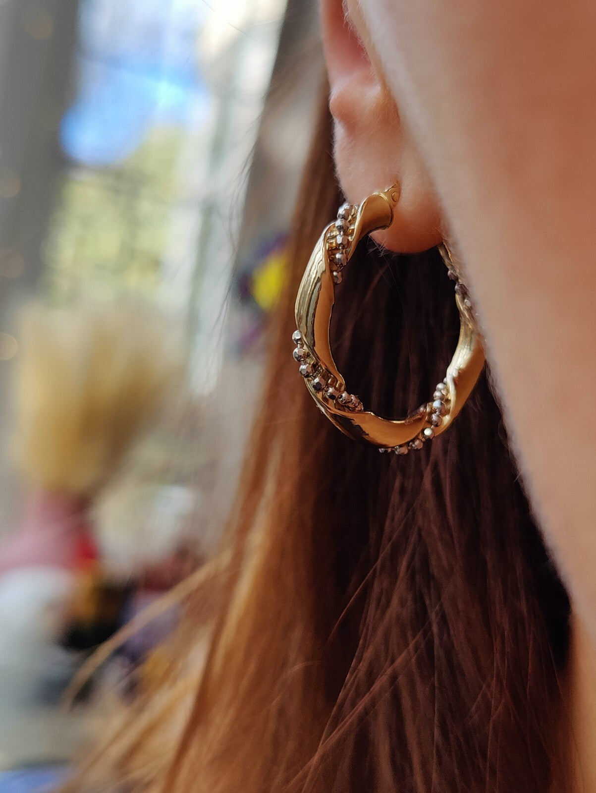 NEW 9ct Yellow/White Gold Twisted Earrings Hoops with Beaded Chain 28mm 4grams