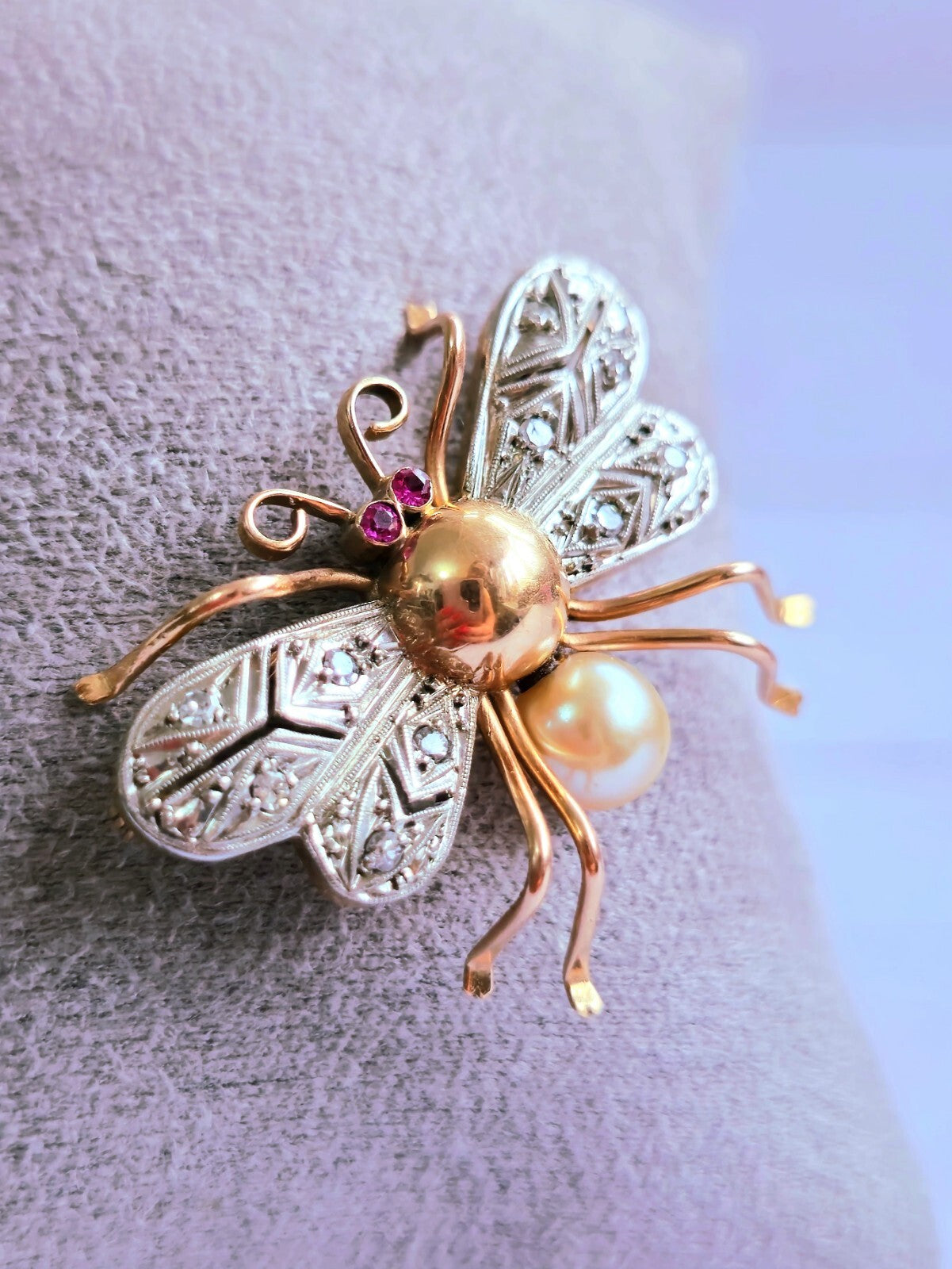 18K Rose Gold & Platinum Antique Victorian Diamonds Ruby & Pearl Bee Brooch Bug