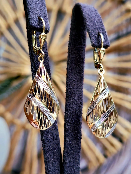 New 9ct Yellow/White Gold Solid Drop Teardrop Earrings Lever back Pattern