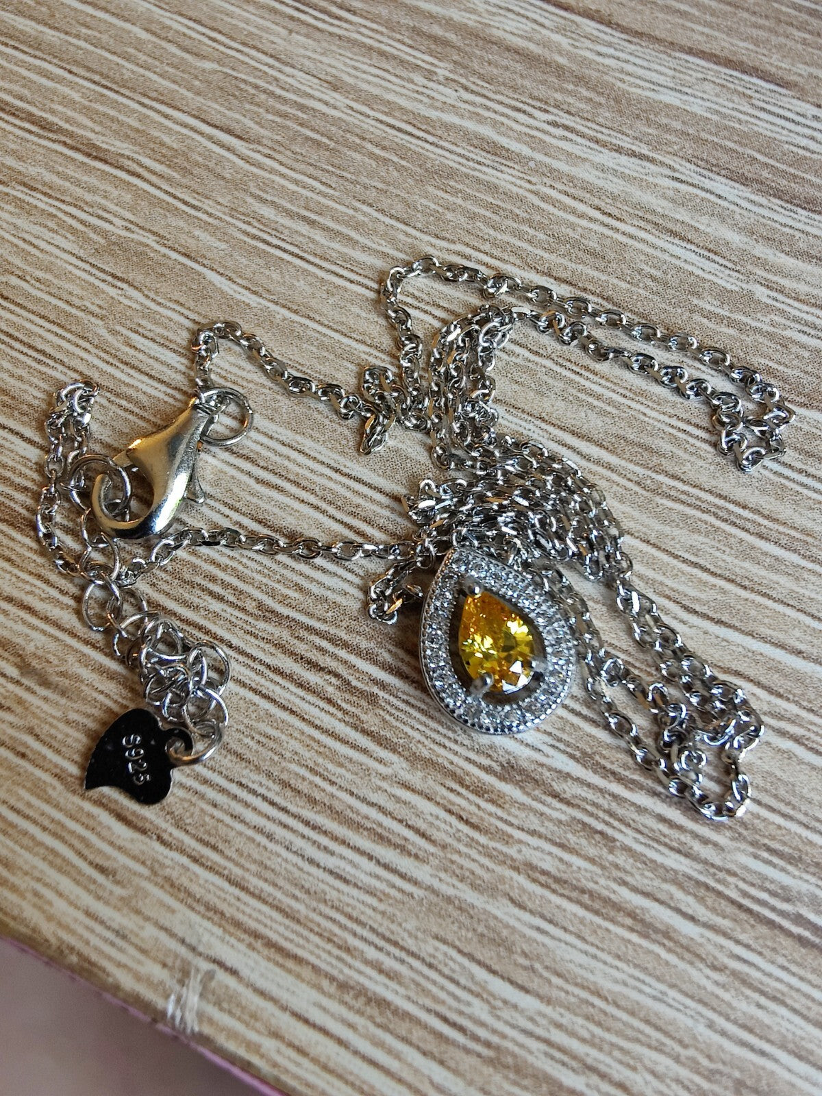 Beautiful Solid Silver Necklace with Yellow Pear CZ and White Halo, Hallmarked