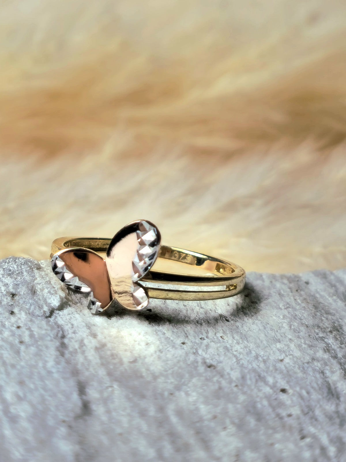 New 9ct Yellow/White Gold Butterfly Ring 3D Cute Feminine Double Band Hallmarked