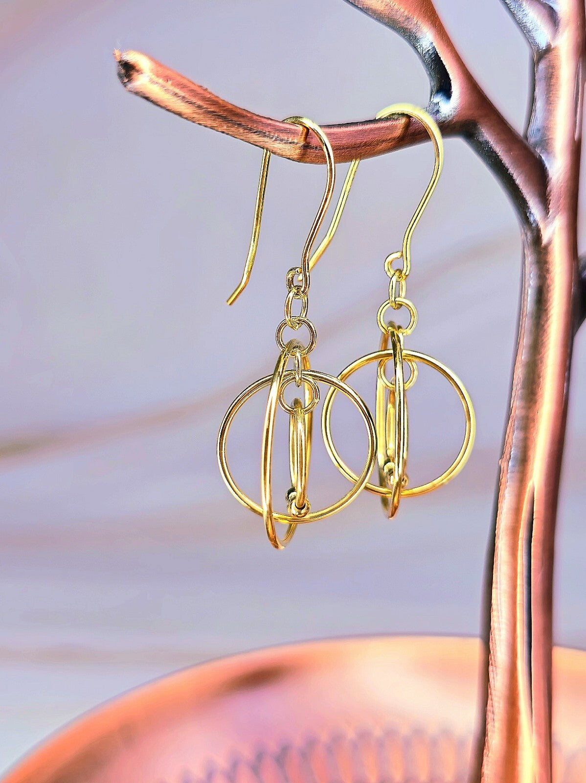 New Solid 9ct Yellow Gold Multi Circle Moving Dangling 3D Drop Earrings Hook