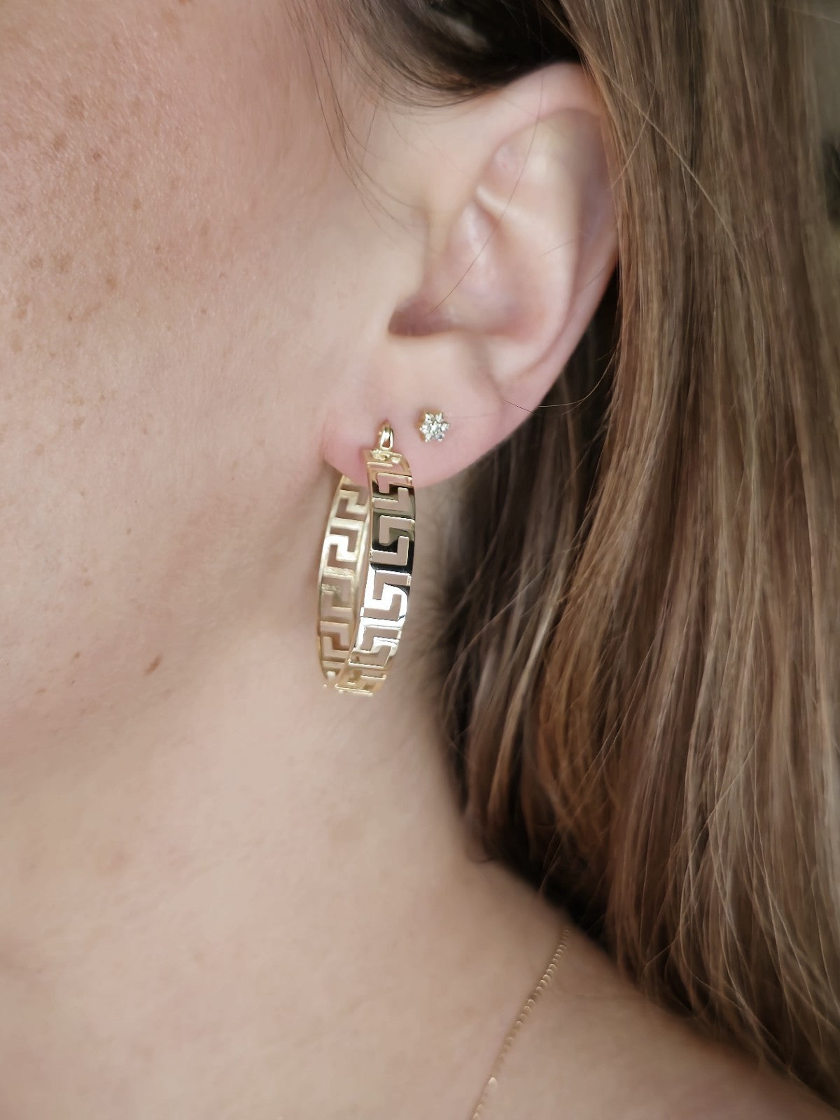 NEW 9ct Yellow Gold Solid Hoop Greek Key Earrings See Through Wide Hoops