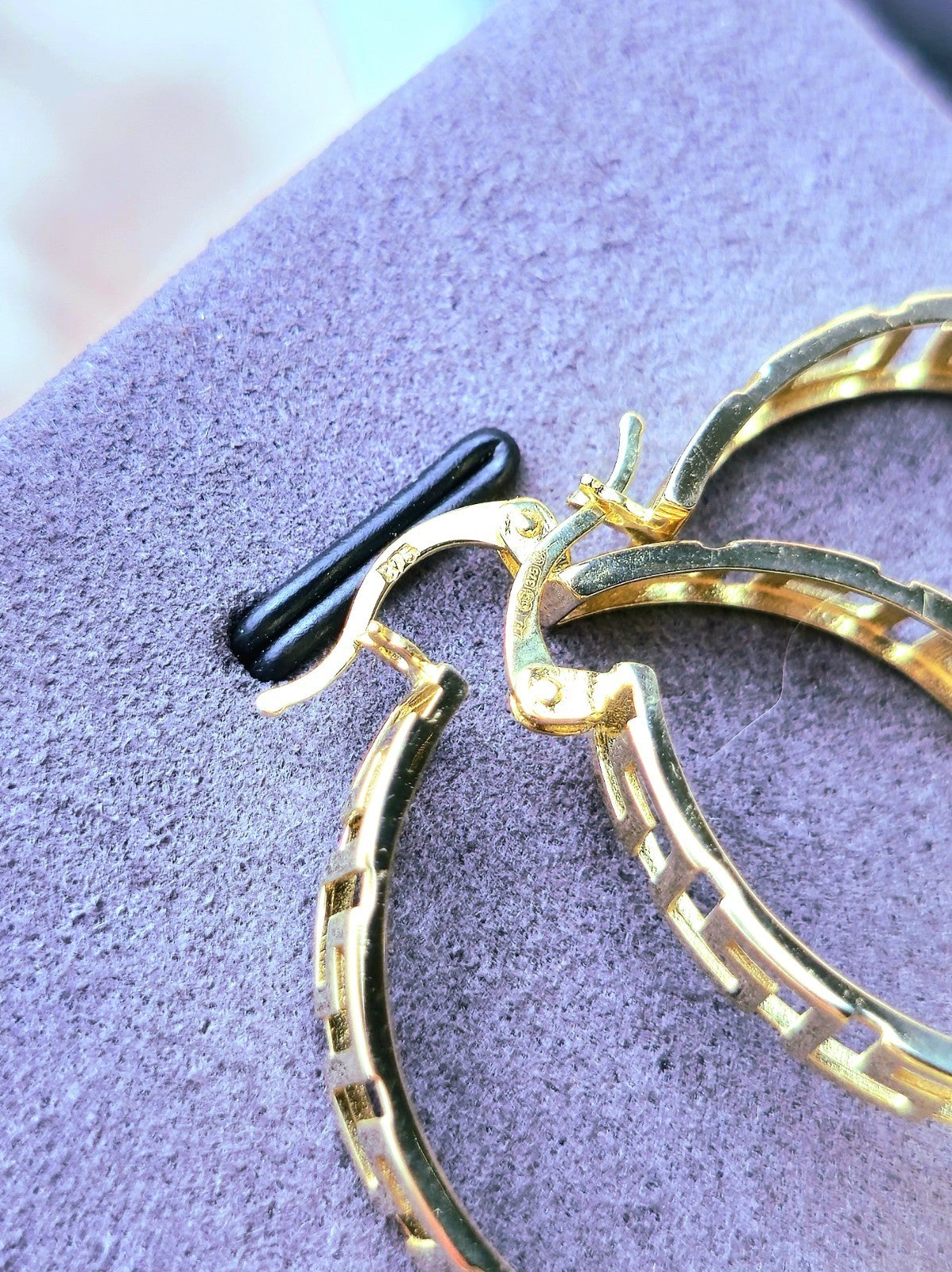 NEW 9ct Yellow Gold Solid Hoop Greek Key Earrings See Through Wide Hoops