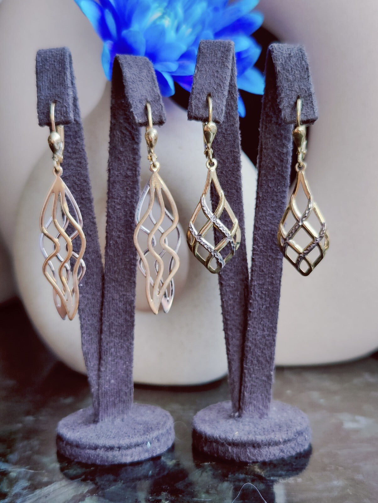 9ct Yellow/White Gold Solid Drop Earrings Long 50mm Leaf Motif Waves Lever Back