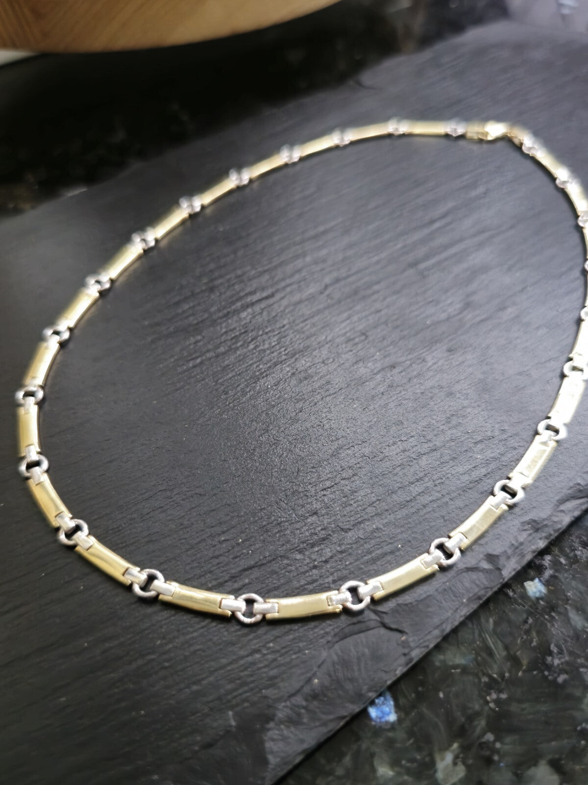 New Solid Fancy 9ct Yellow/White Gold Necklace Collar Chocker Circles/Bars 20g